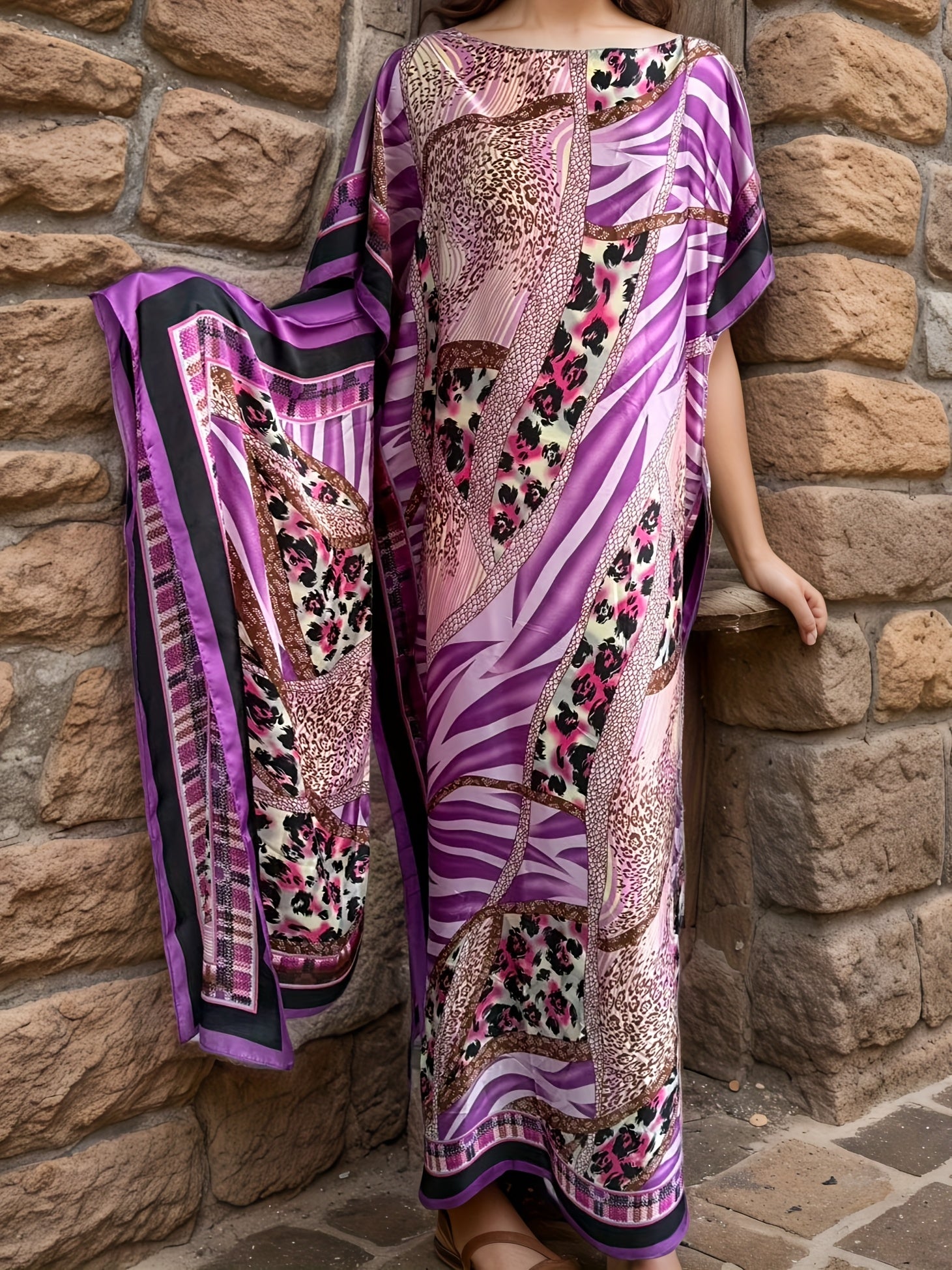 vestido largo de mujer de tallas grandes con estampado geométrico y bufanda para todas las estaciones en morado, marrón, rosa y negro