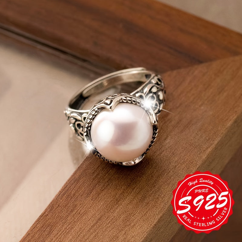 Unisex Silver Ring with Hollow Carved Imitation Pearl Antique Thai Design Adjustable Lightweight