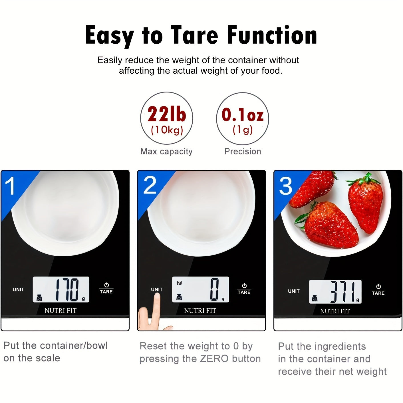 NUTRI FIT Raqamli Oshxona Tarozisi, 22lb/10kg Quvvatga ega, Aniq Unc va Gramlar, 6 Ta Birlik, Batareya Kerakmas, Qora Ko'rsatkich Birligi, Temperlangan Shisha, Oshxona Og'irlik Asbobi.