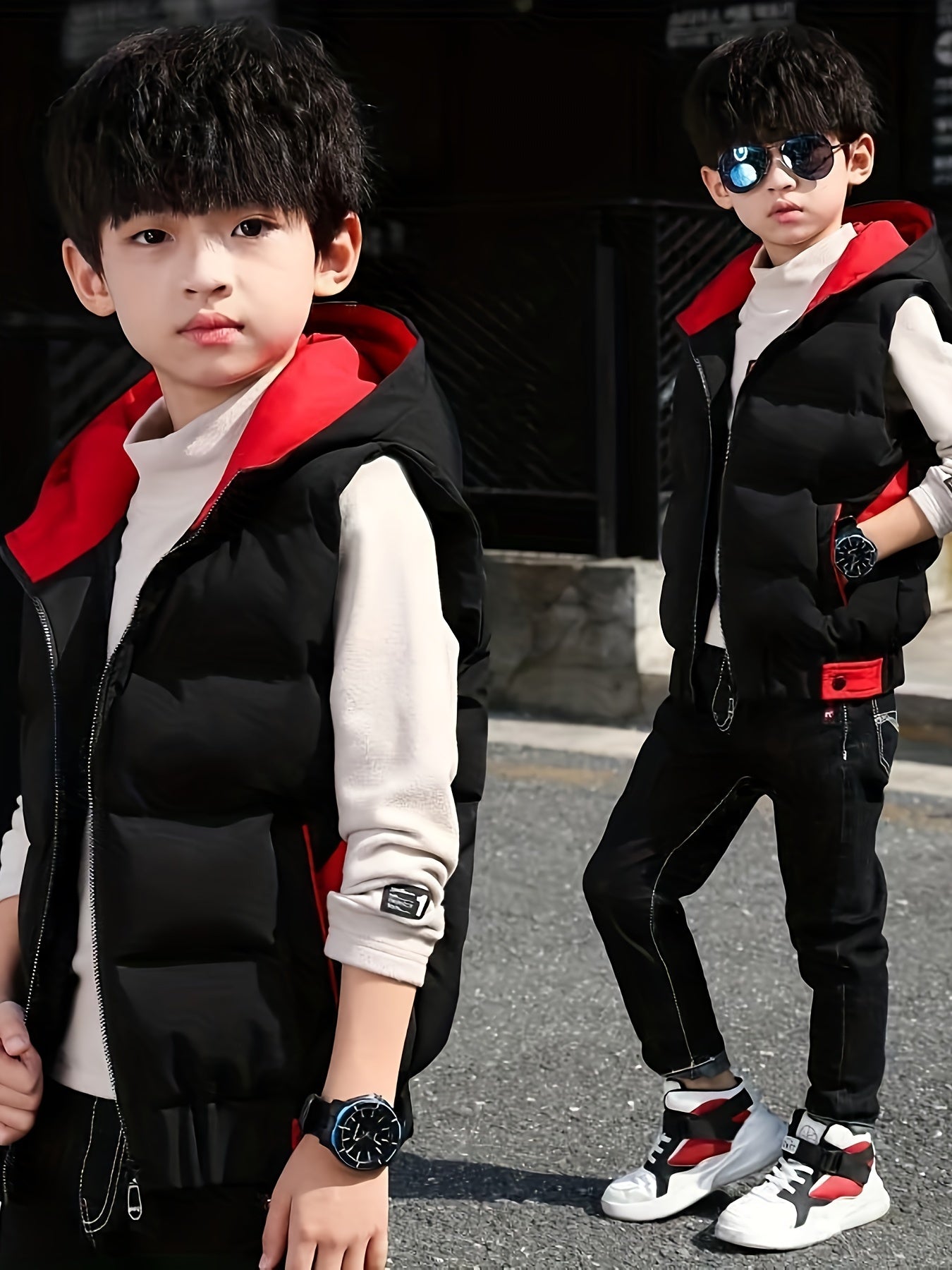 Boys Puffer Vest Hooded Zip-Up Color Block Fall Winter Casual Kids Over 3 Years