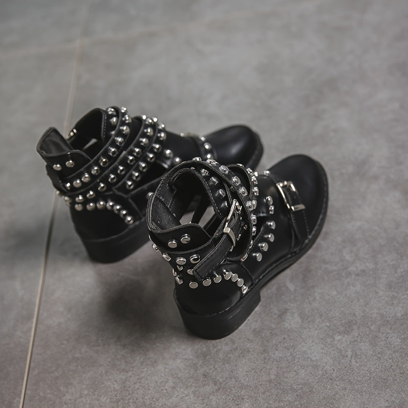 Women's Black Studded Ankle Boots with Chunky Heel and Buckle Details