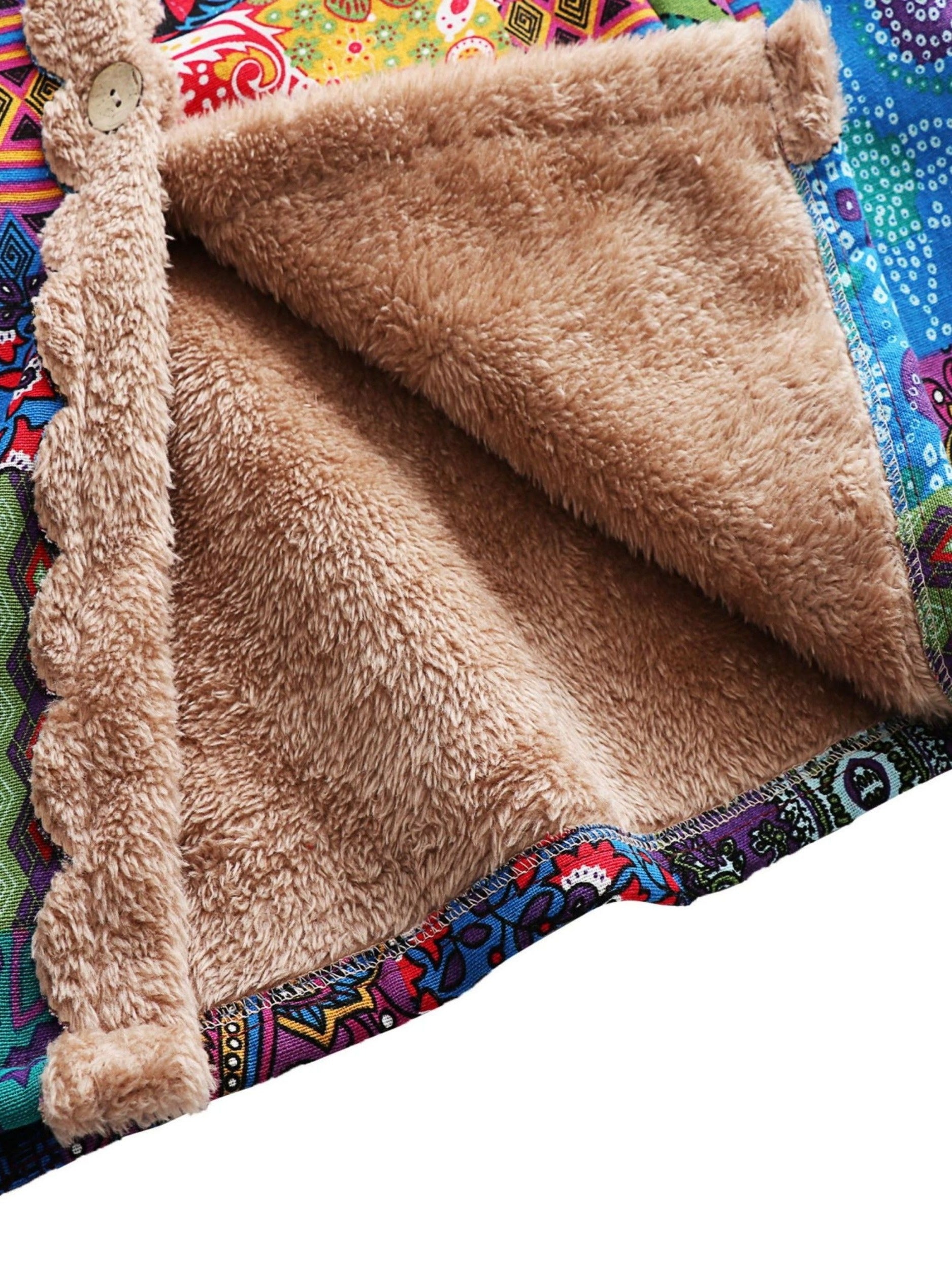 Abrigo con capucha forrado de felpa para mujer con estampado colorido de cachemira y flores, manga larga, apto para lavadora