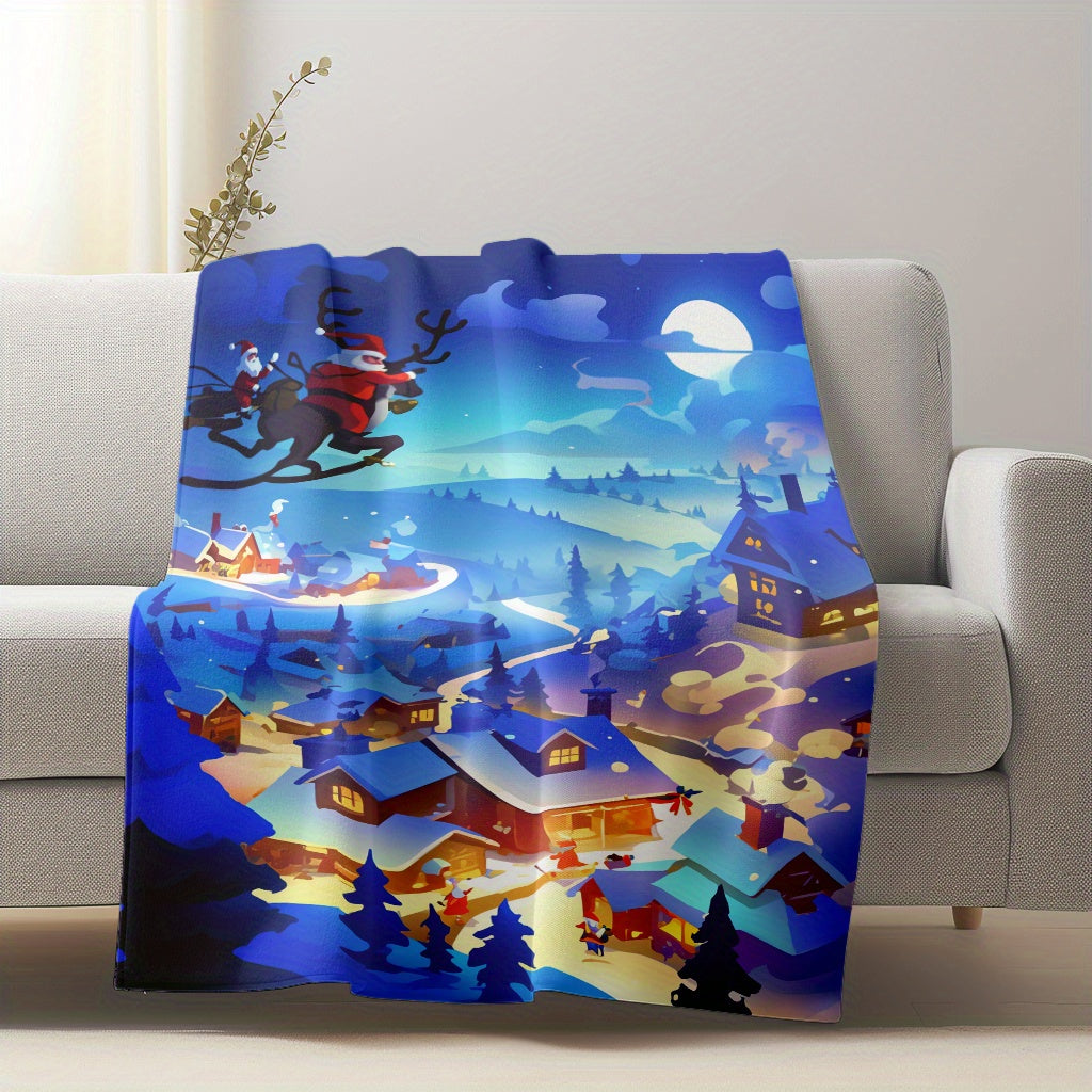 Night Sky and Snowy Village Flannel Plush Blanket Lightweight Throw for Home Office Travel