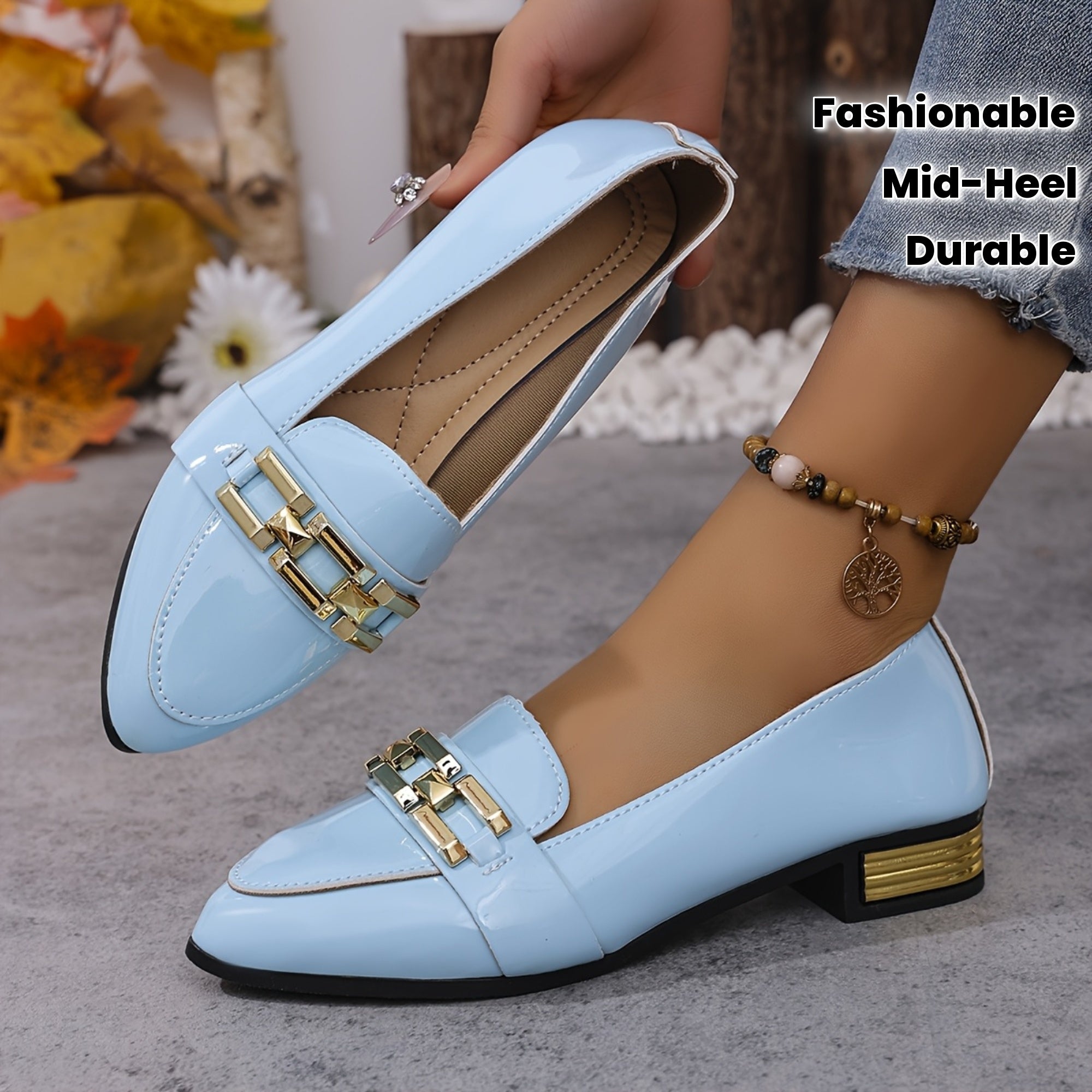 Women's Slip-On Loafers With Glitter Details Pointed Toe Mid-Heel Shoes