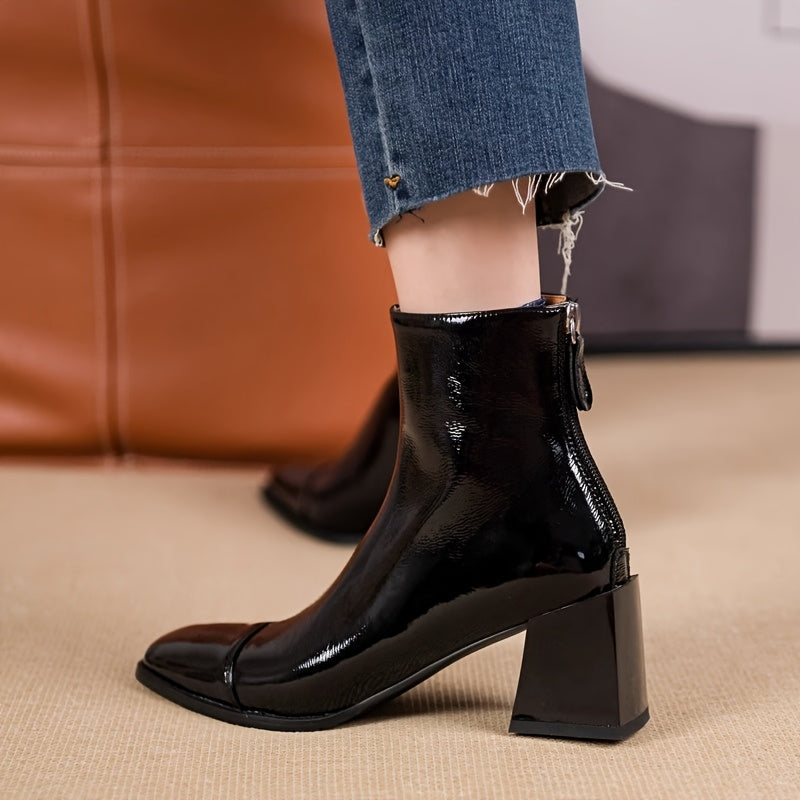 Women Ankle Boots Square Toe Faux Leather Chunky Heel All-Season