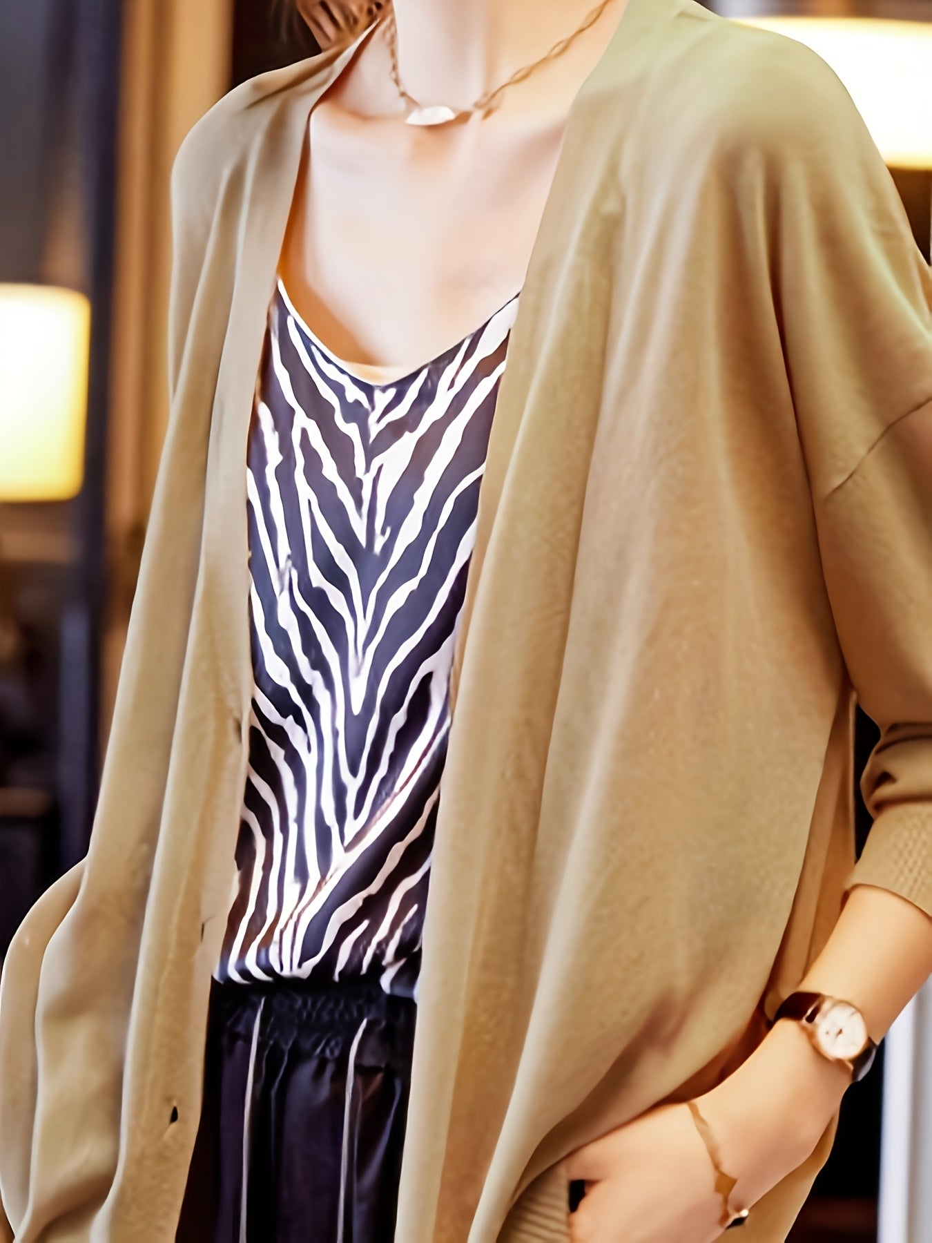 Plus Size Women's V-Neck Cardigan Lightweight Beige Open Front Sweater