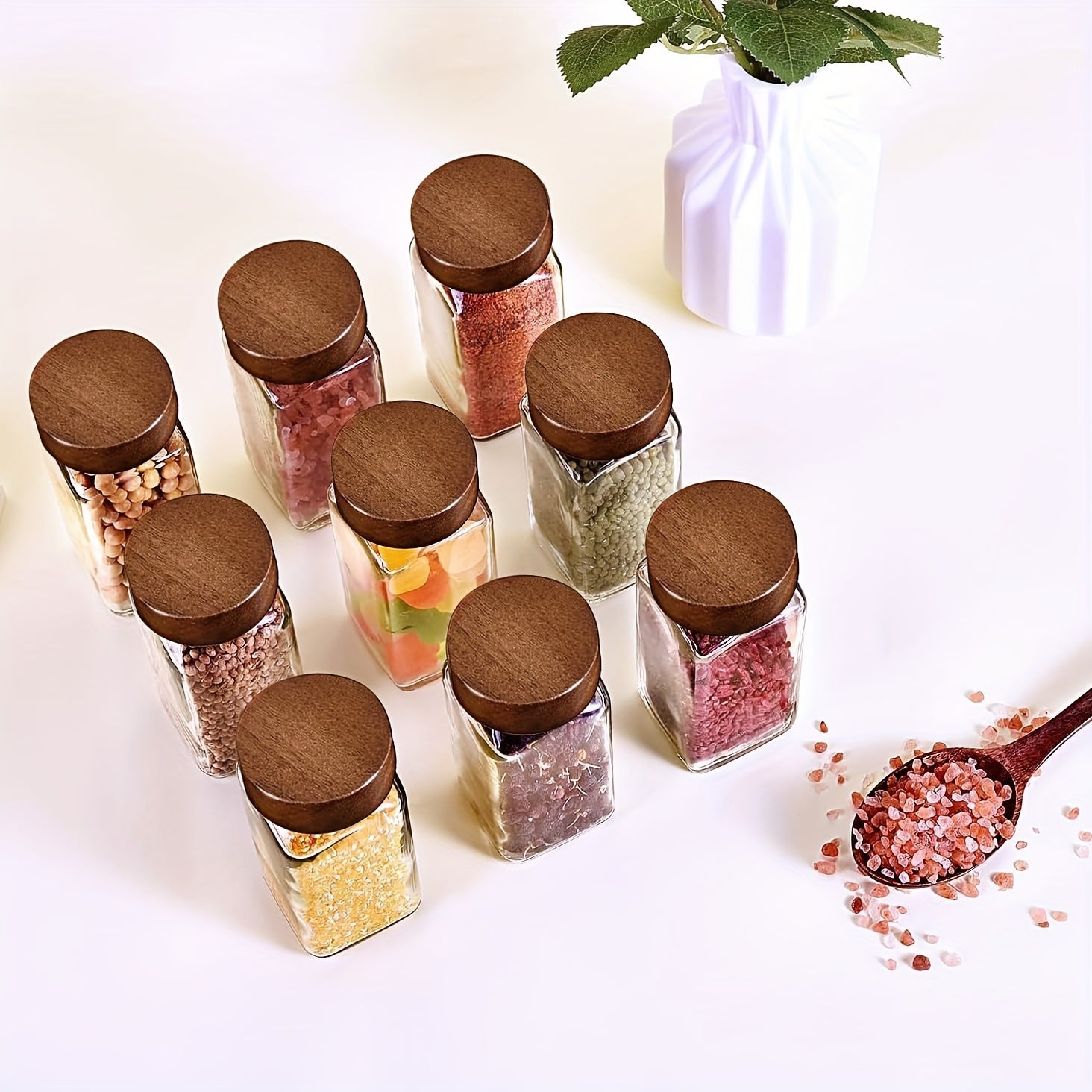Set of 6 12 or 24 Glass Spice Jars with Sandalwood Lids 120ml Kitchen Organization