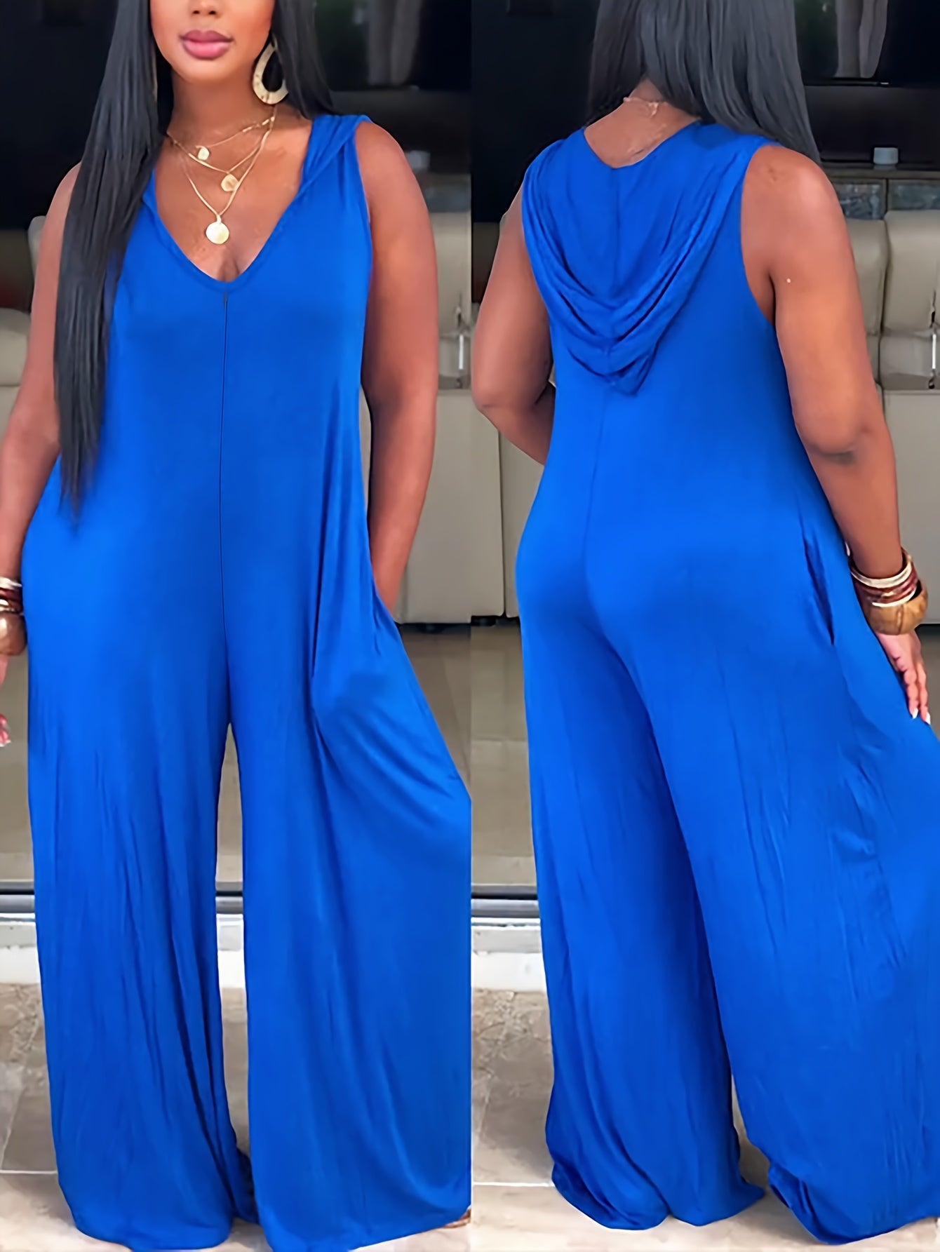 Plus Size Women's Casual Hooded V-Neck Jumpsuit Loose Fit Black