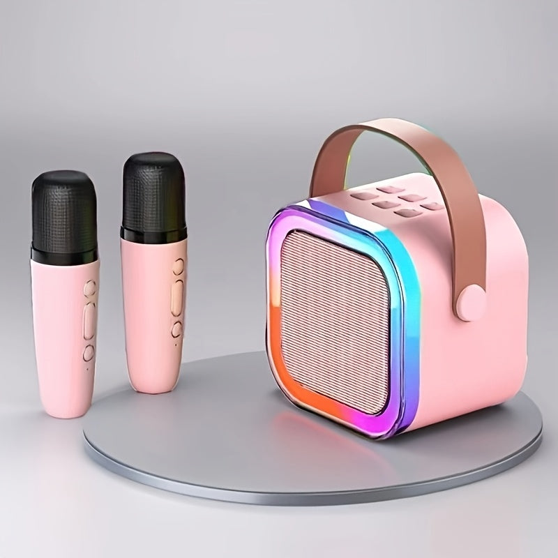 Mini Portable Karaoke Speaker with Wireless Microphones and LED Lights