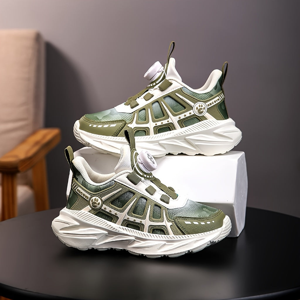 Boys Running Shoes Breathable Non-Slip PU Sneakers with Rotating Buckle Low Top