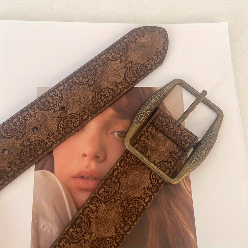 Women's Brown Floral Embossed Leather Belt with Pin Buckle for Western Jeans