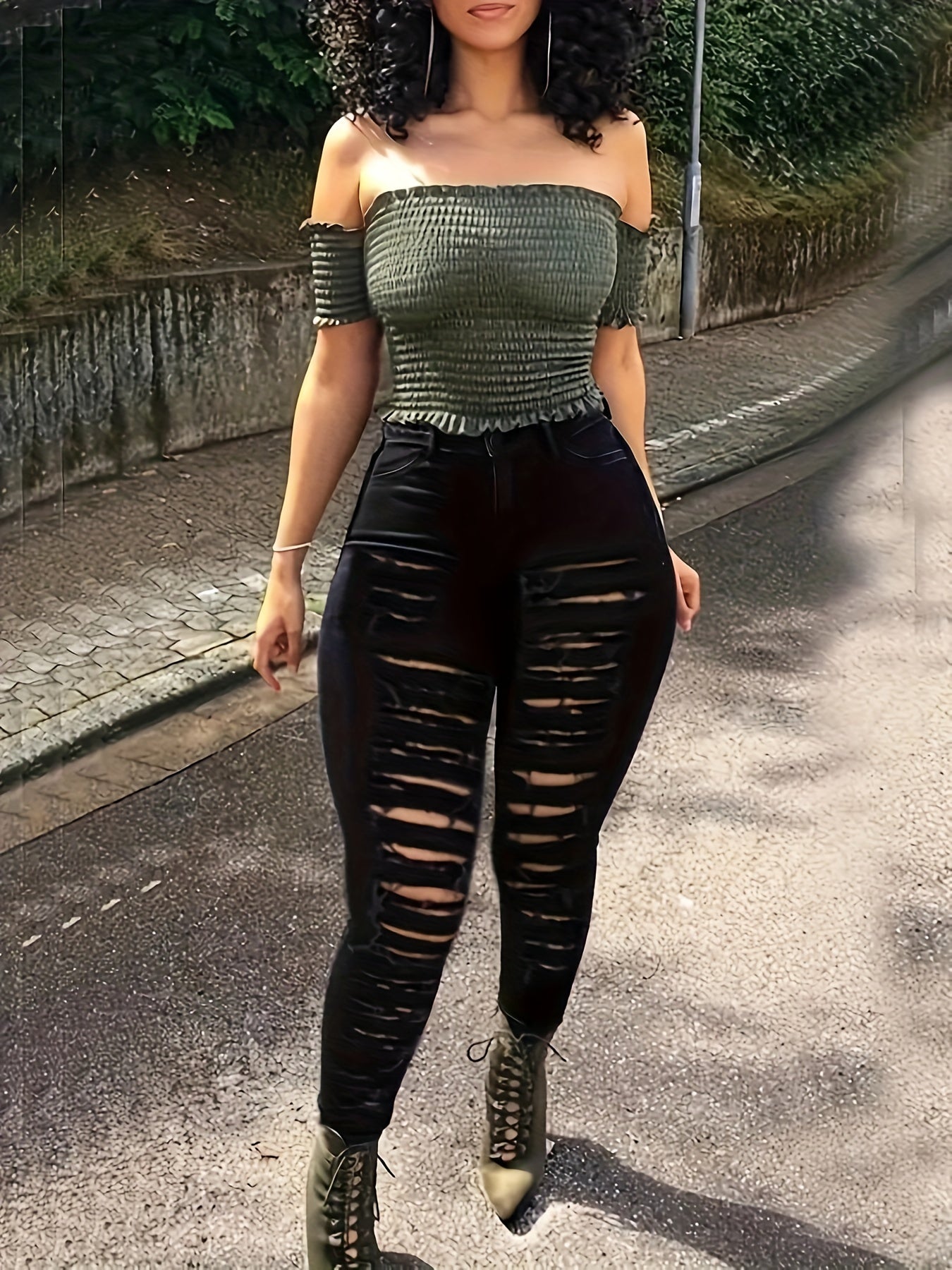 Women's Plus Size Denim Jeans with Elastic Waist Black 16W