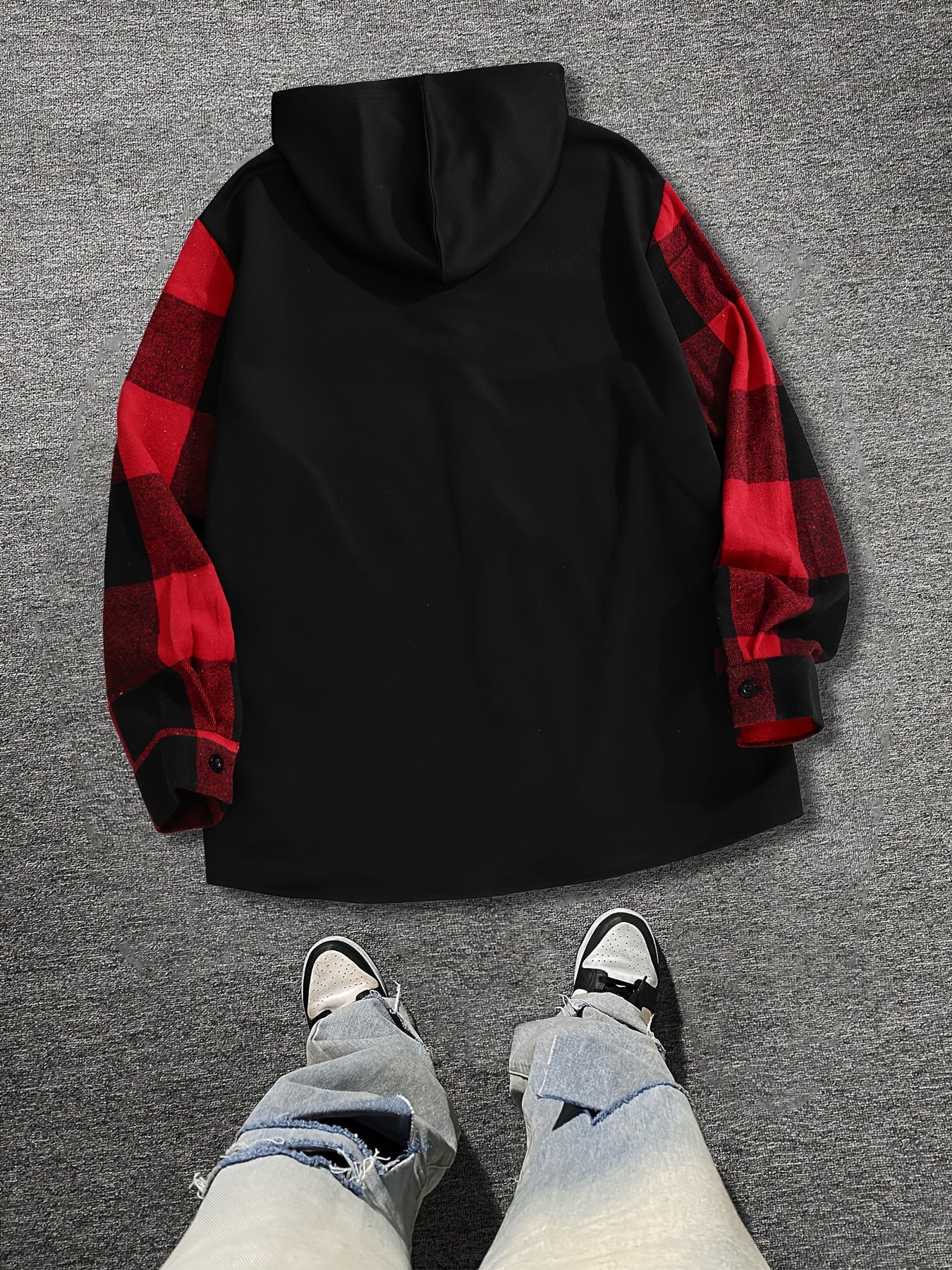 Plus Size Men's Plaid Hooded Shirt Long Sleeve Button-Up Polyester Blend Casual