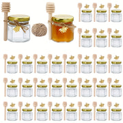 Mini Hexagon Glass Honey Jars 1.5 oz with Wood Dipper and Golden Lid for Jam Candies Favors