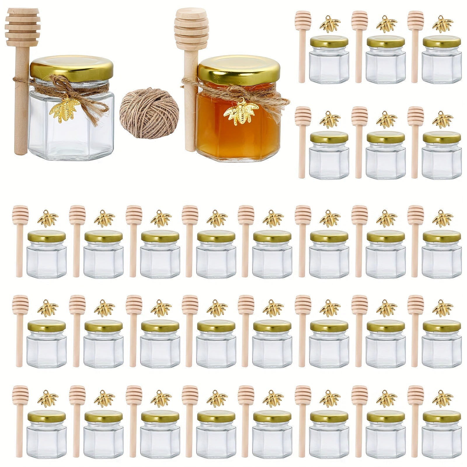 Mini Hexagon Glass Honey Jars 1.5 oz with Wood Dipper and Golden Lid for Jam Candies Favors