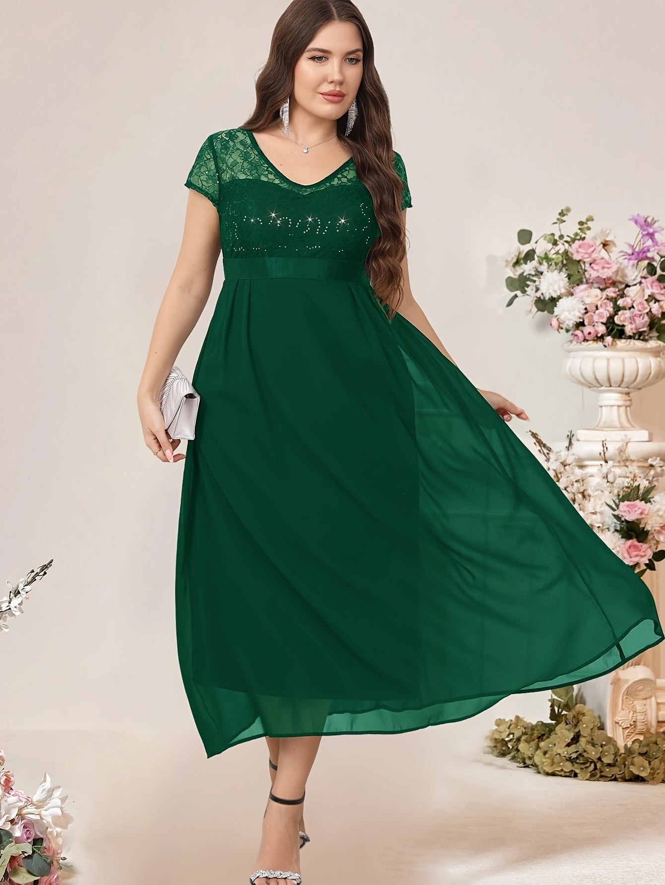 Women's Plus Size Sequined Chiffon Patchwork Dress