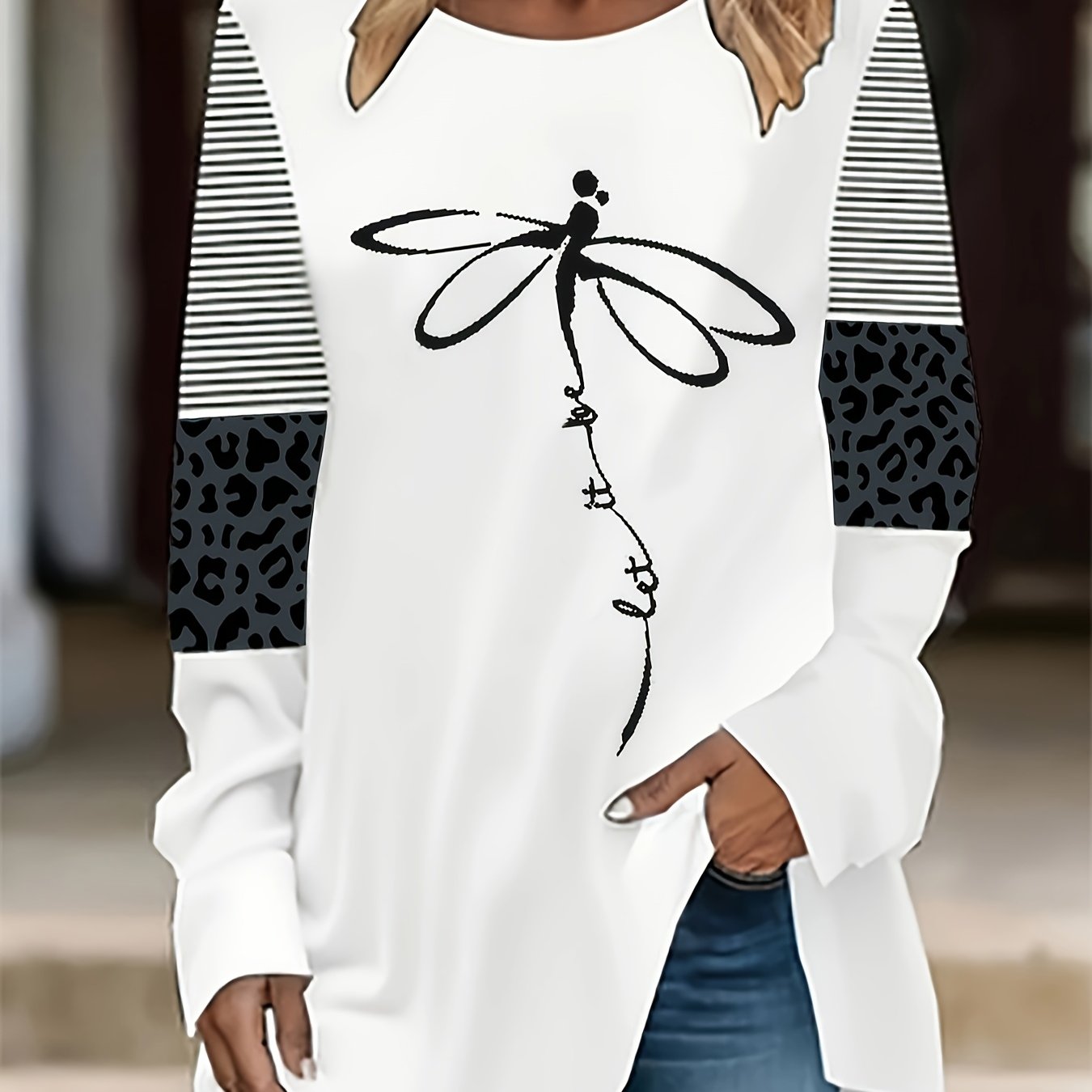 Plus Size Women's Cotton Long Sleeve T-Shirt Heart and Zebra Print White Black Brown