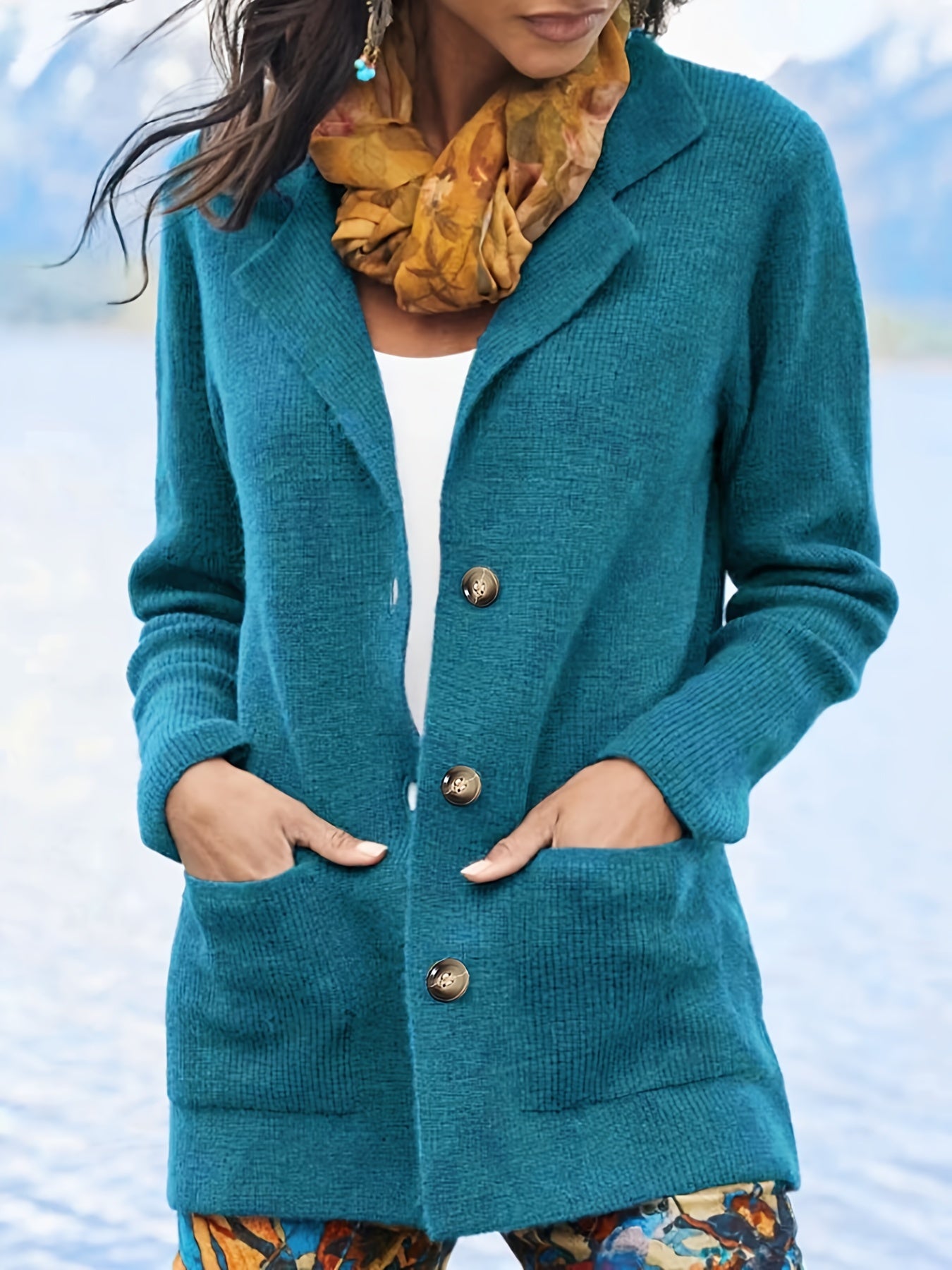 Кардиган женский большого размера с длинным рукавом цвета тийл с карманами, зимняя повседневная верхняя одежда