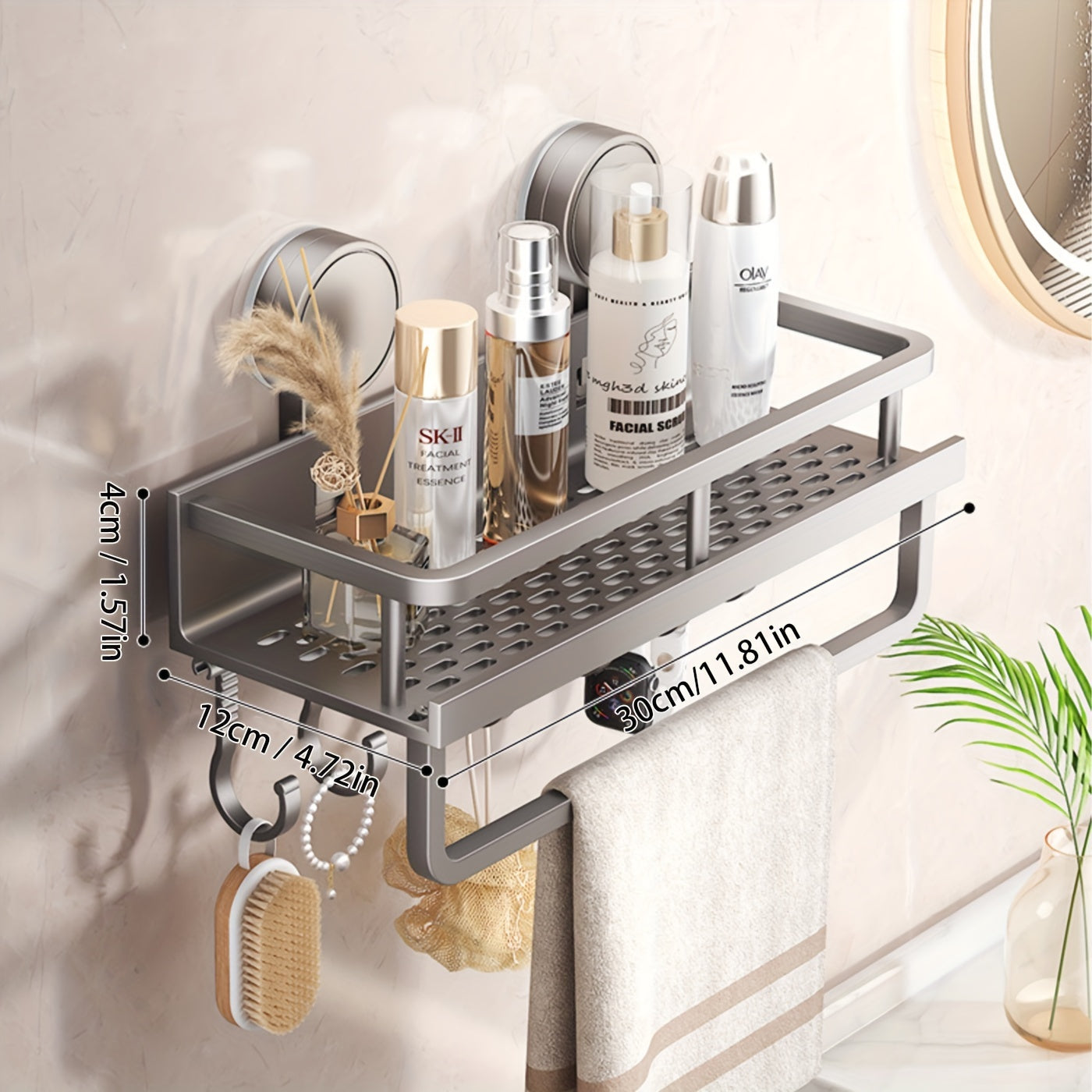 Rustproof Wall Mount Shower Caddy with Towel Hooks and Floating Shelf for Bathroom Organization