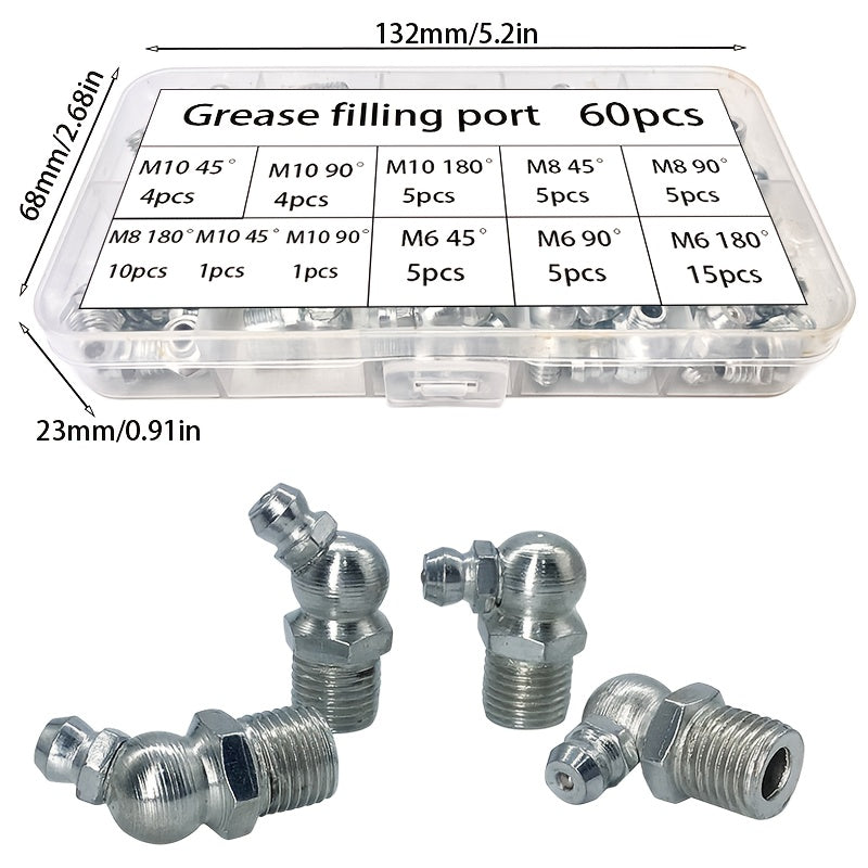 60 Pack M10 M8 M6 Straight Elbow Grease Fittings Universal Grease Gun Kit