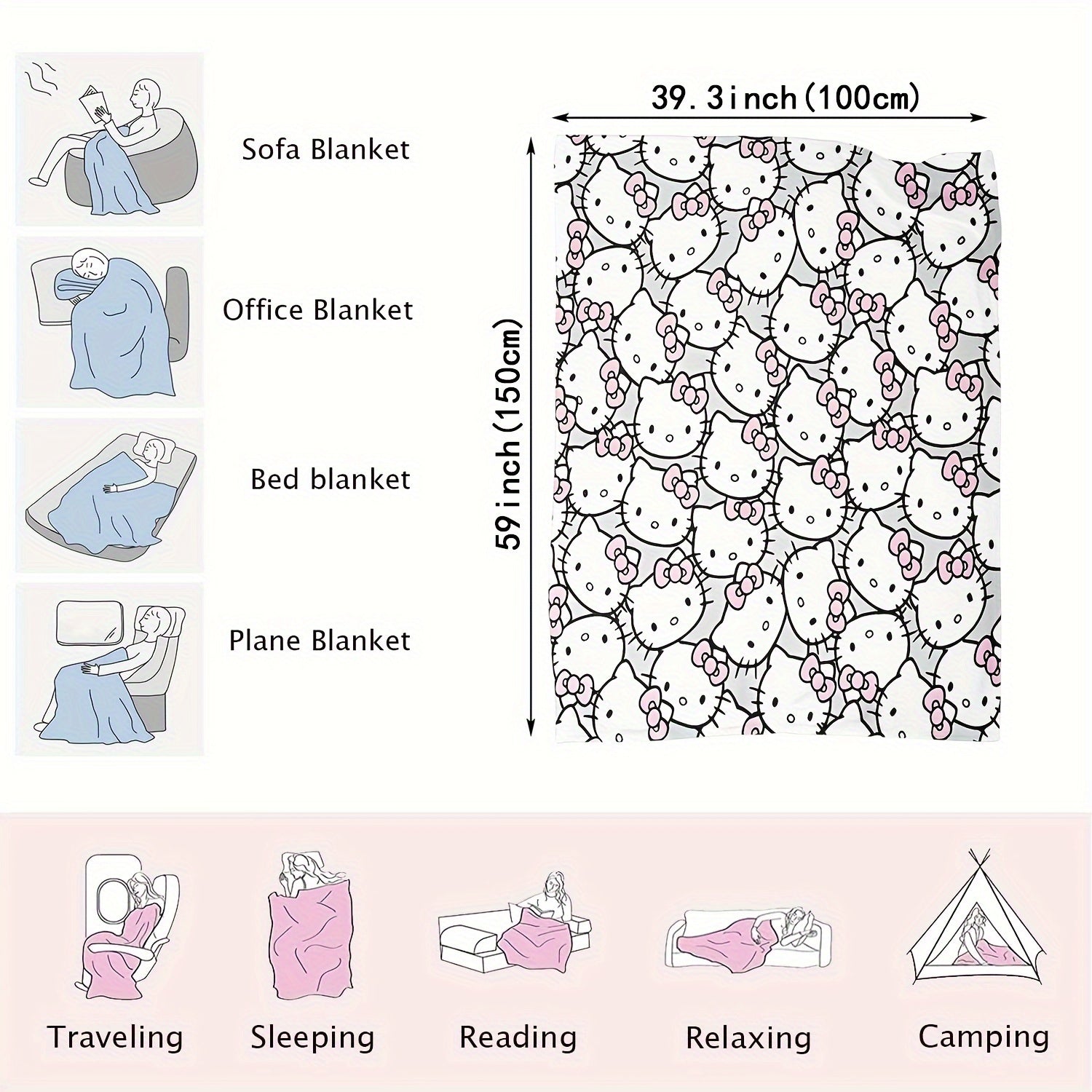 Hello Kitty Flannel Fleece Throw Blanket for Adults Soft Cozy All-Season