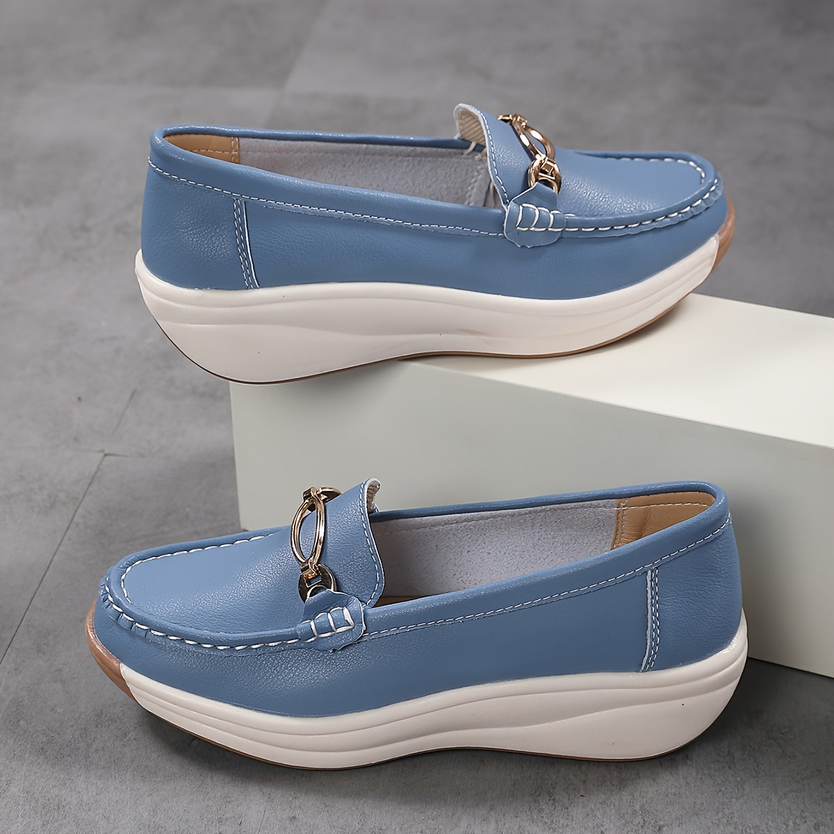 Women's Faux Leather French-Style Loafers with Metallic Buckle Beige