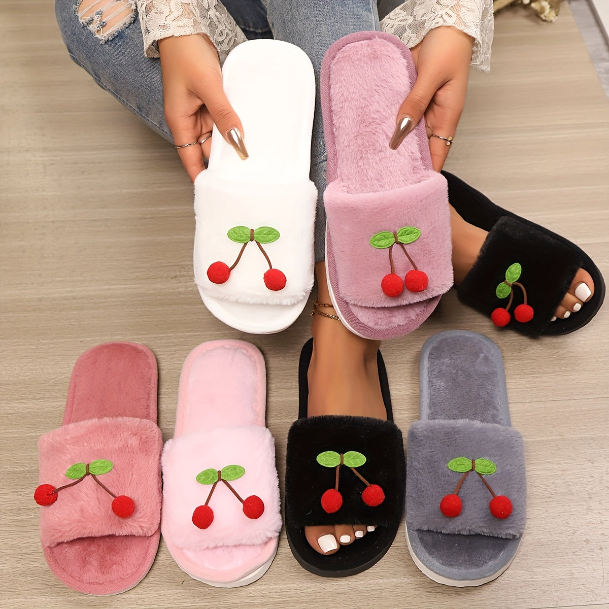 Women's Cherry and Green Leaf Slip-On Slippers, Soft EVA Sole, Indoor Outdoor