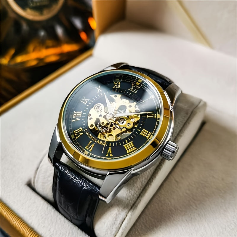Men's Automatic Mechanical Watch Skeleton Design Brown Faux Leather Strap Casual Business Gift