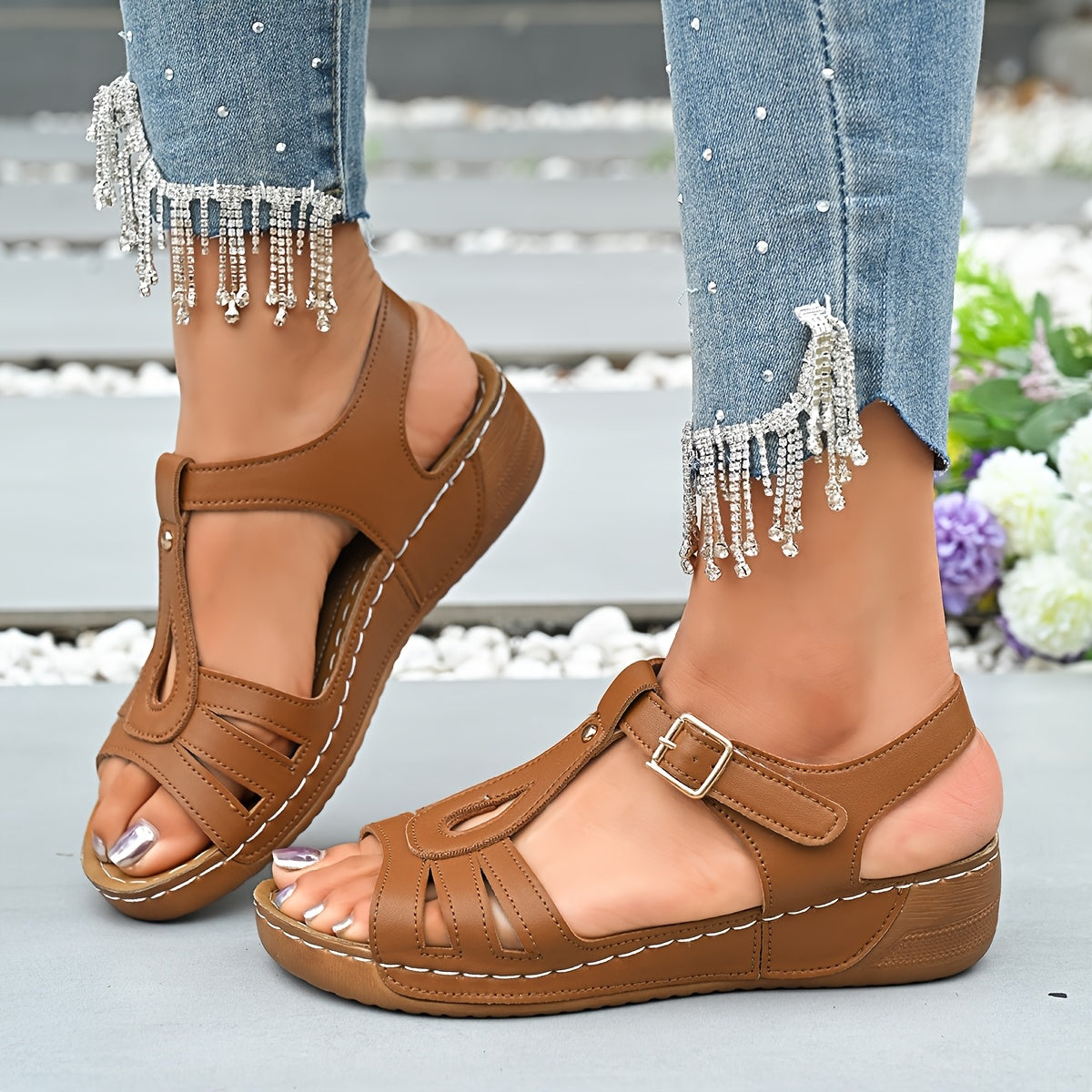 Women's Nude Leather Block Heel Sandals Comfortable Shoes