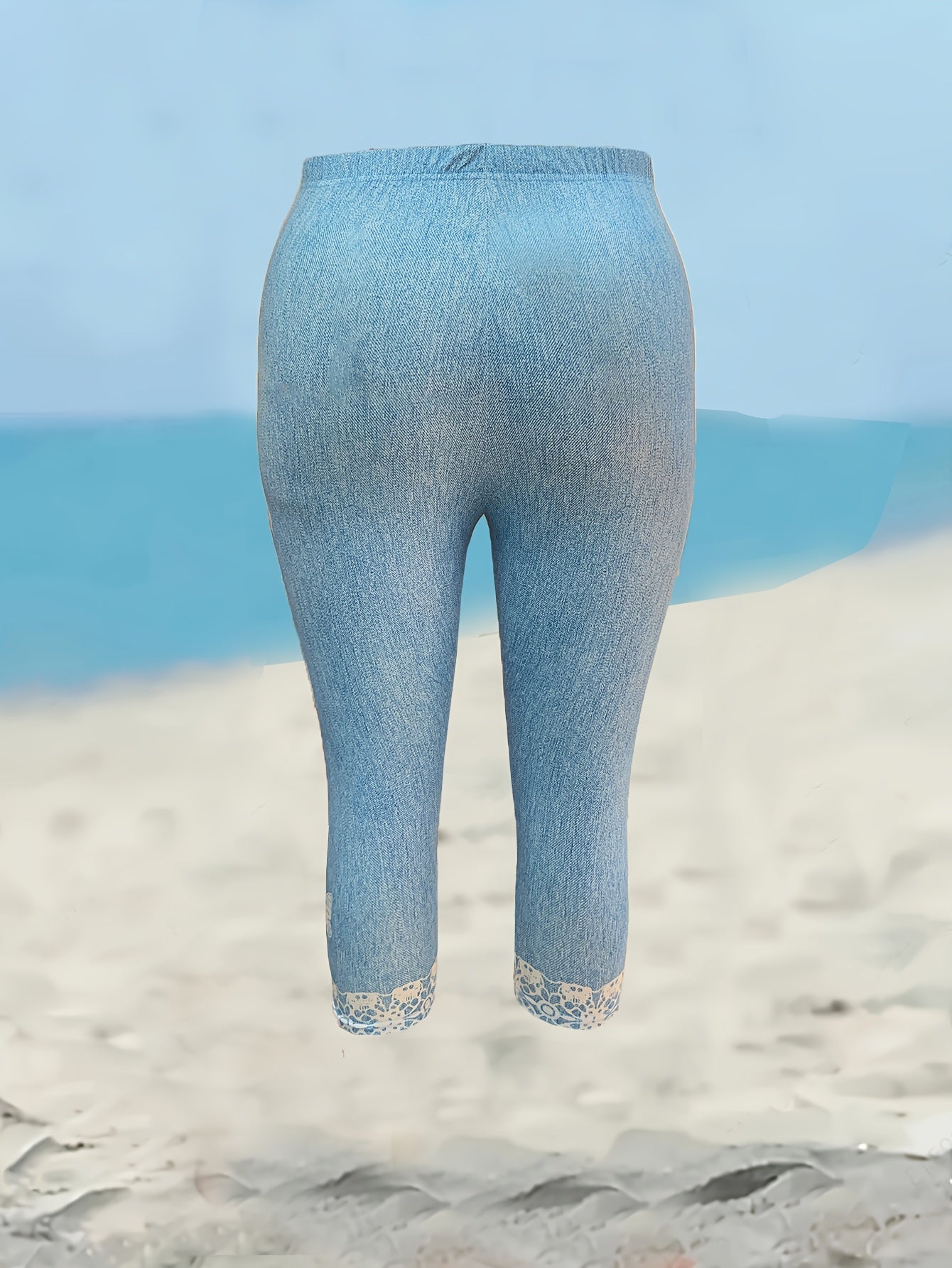 Women’s Plus Size Floral Print Capri Leggings Breathable Light Blue Elastic Waist