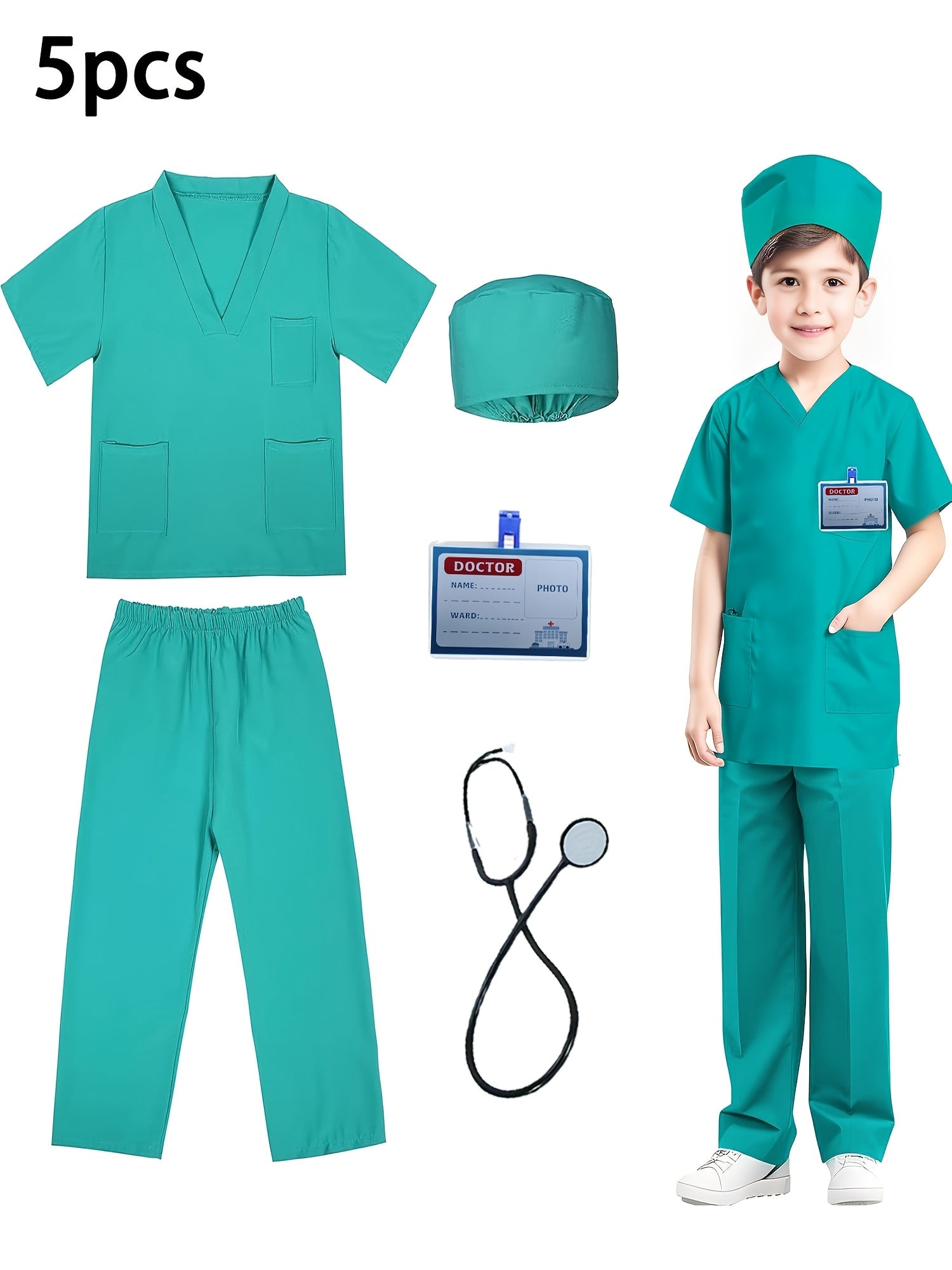Children's Boys Doctor Nurse Play Costume Set 5 Pieces for Ages 3-10