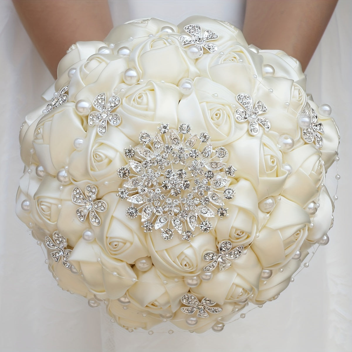 Wedding Bridal Satin Flower Handheld Accessory with Faux Pearls and Rhinestones
