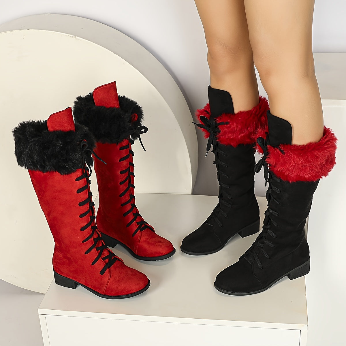Women's Winter Faux Fur Trim Knee-High Boots Retro Style Cold Weather