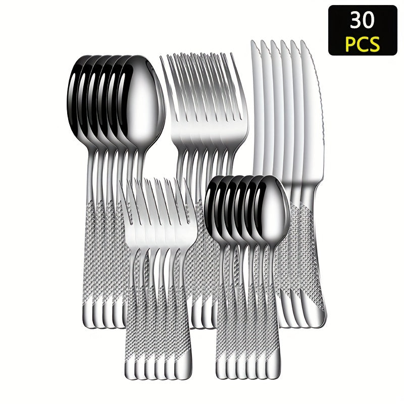30-Piece Stainless Steel Cutlery Set for Restaurants and Hotels Including Steak Knives Dinner Forks Spoons