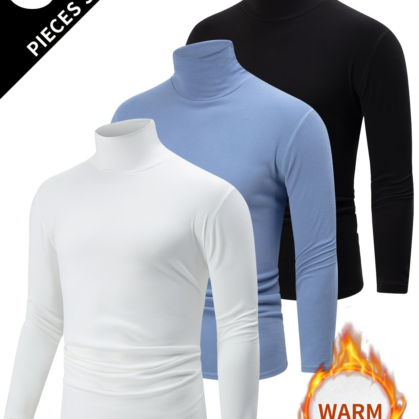 Men's Thermal Turtleneck Shirts Pack of 3 Solid Color Stretchy Fall Winter