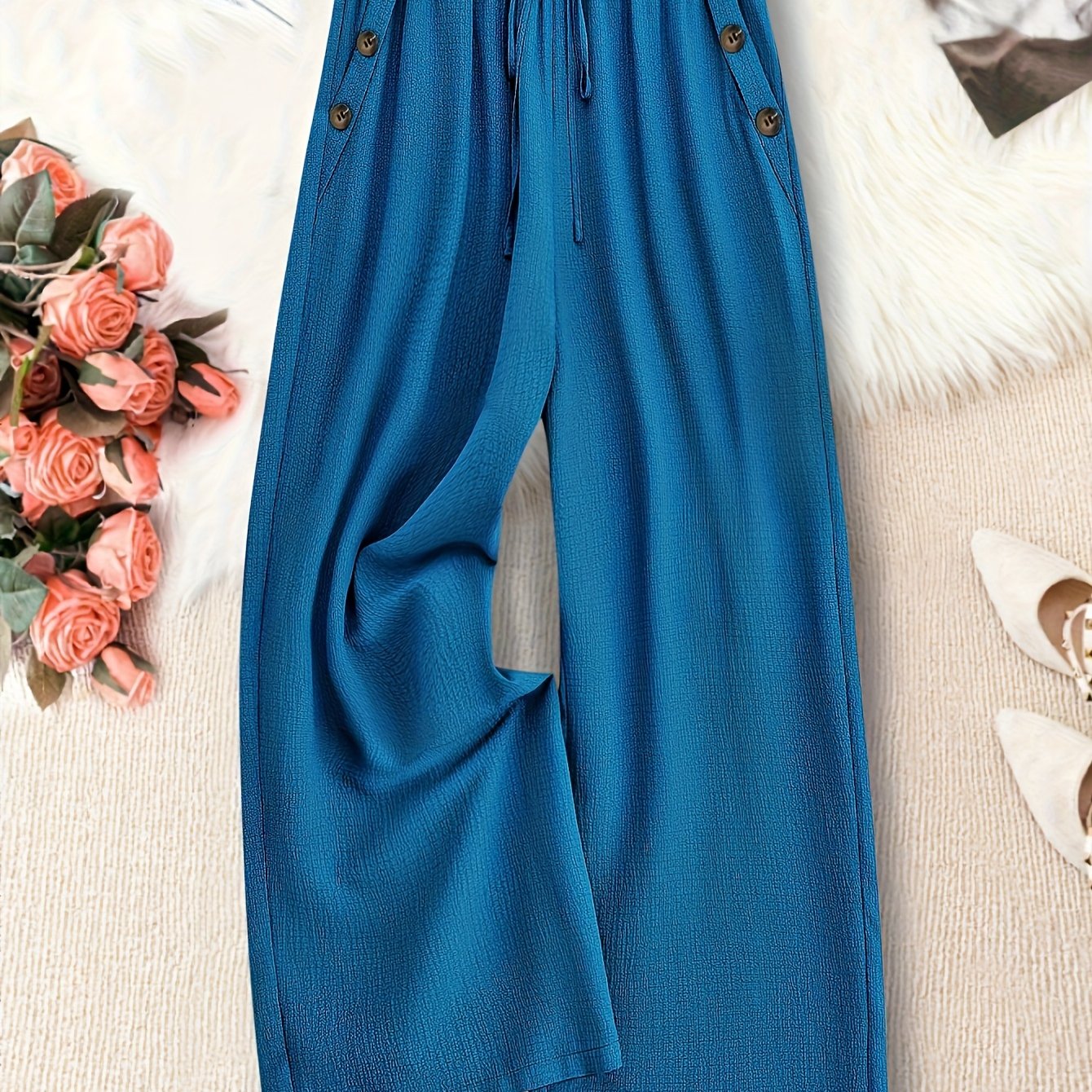 Plus Size Women's Wide-Leg Casual Pants Elastic Waist Maroon All-Season