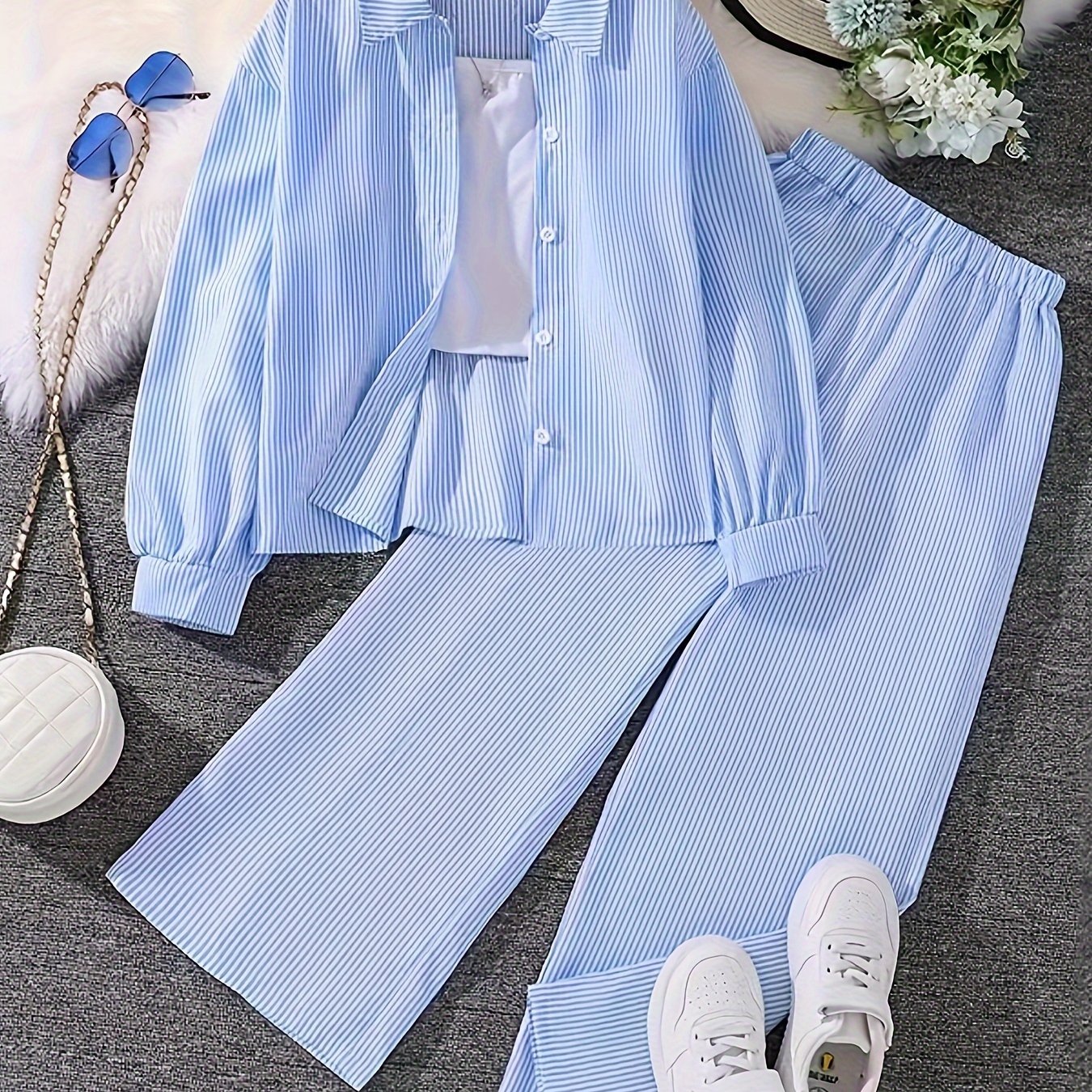 Girls Autumn Striped Long-Sleeve Shirt and Trousers Set Polyester Casual Outdoor Wear