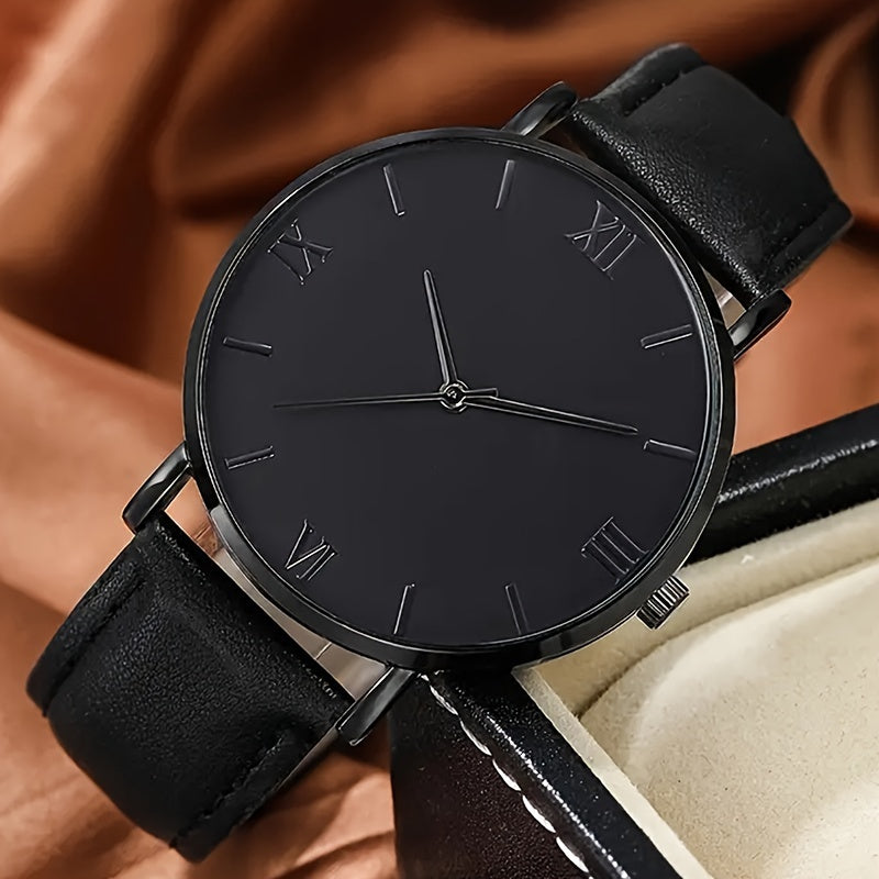 Black Round Quartz Watch with PU Leather Strap Alloy Dial and Pointer for Women and Men