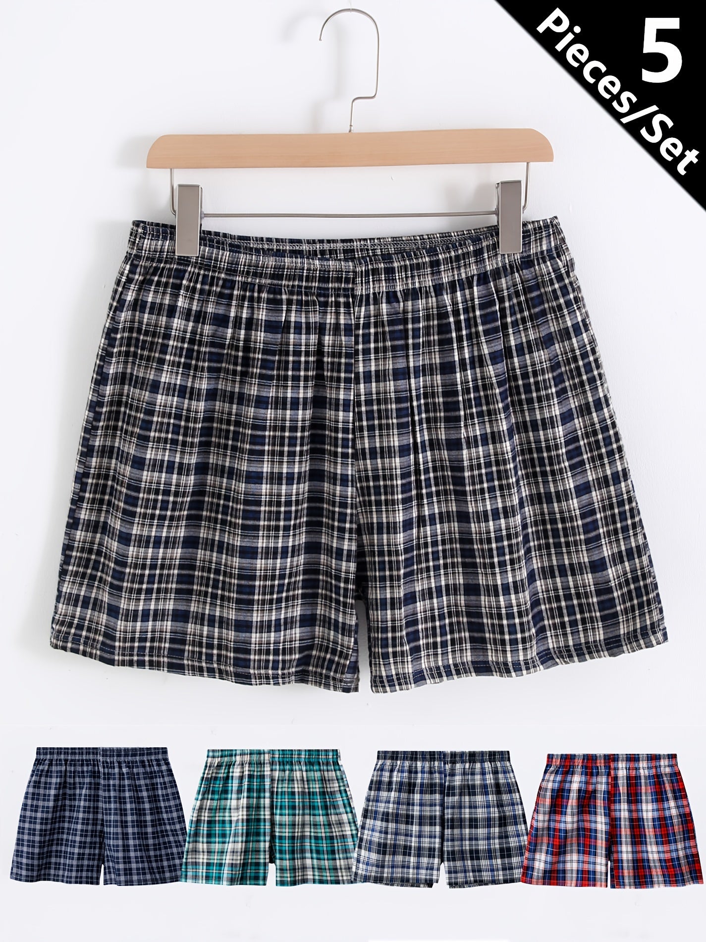 Men's Plaid Cotton Boxer Briefs Pack of 5 Breathable Loose Fit for Home or Beach