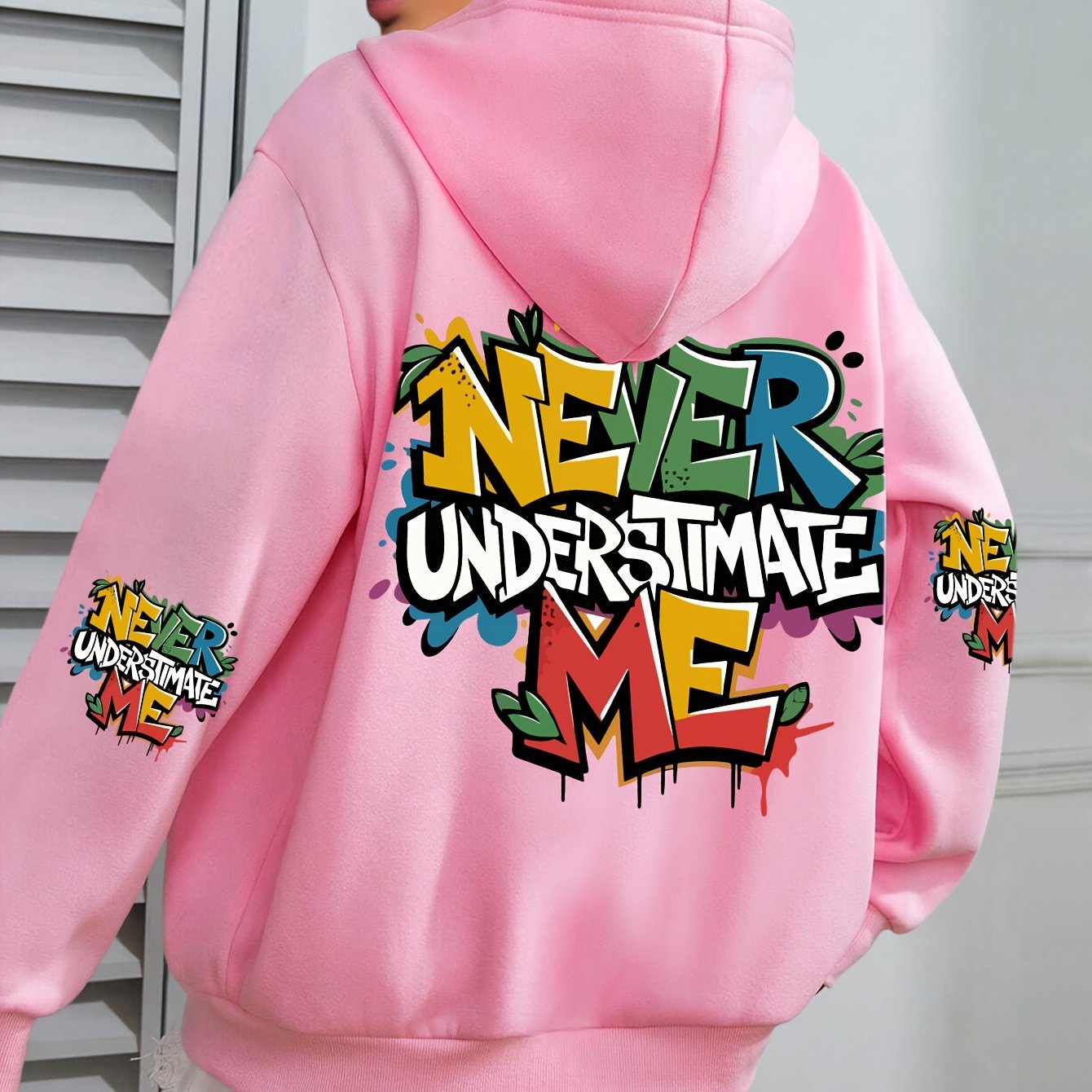 Plus Size Women’s Hoodie Fleece-Lined Graffiti Print Green Fall Winter