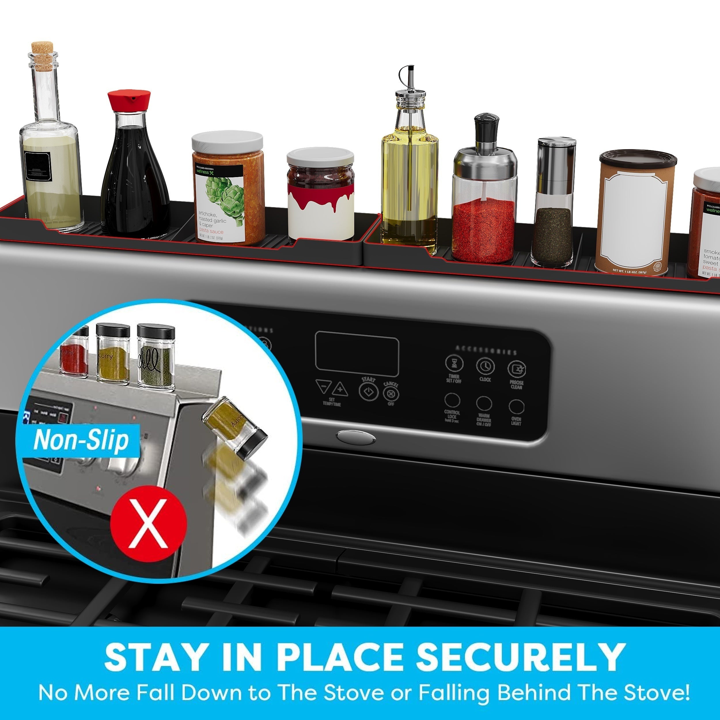 Ikkita magnit plastik pechka javoni, har biri 38.99 sm o'lchamda. Ziravorlar uchun oshxona saqlash javonlari sifatida ishlatilishi mumkin. O'rnatish oson va elektr energiyasini talab qilmaydi.