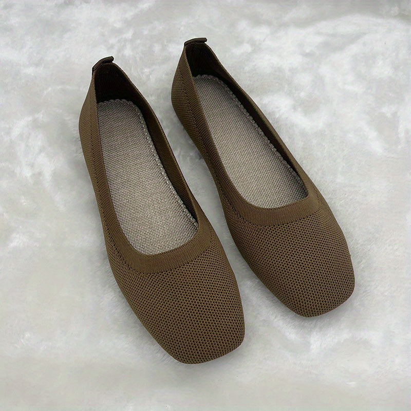 Women's Knit Flat Shoes Breathable Slip-On Square Toe Ballet Flats