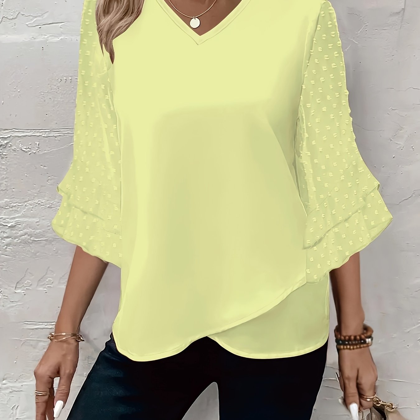 Plus Size Women's V-Neck Blouse with Ruffle Sleeves Solid Color Lightweight Polyester