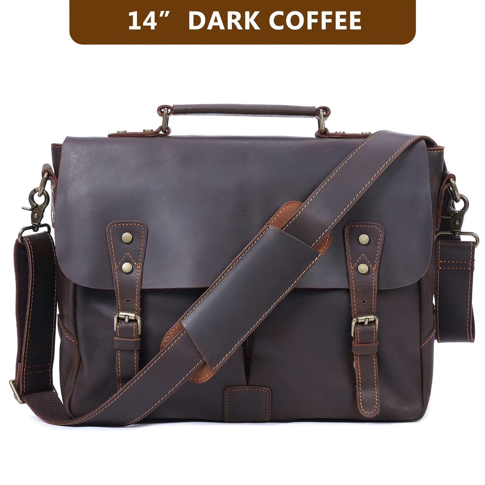 Men's Cowhide Leather Briefcase Laptop Messenger Bag Casual Style Zipper Closure