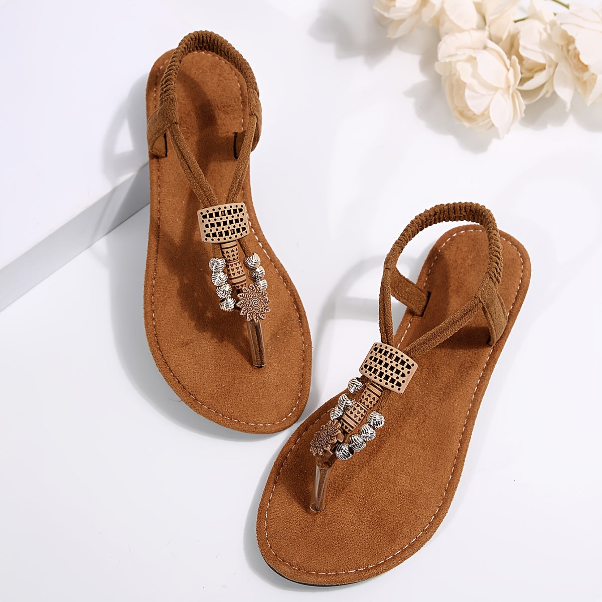 Women Flat Sandals Solid Color Slip-On Split Toe Non-Slip Rubber Sole