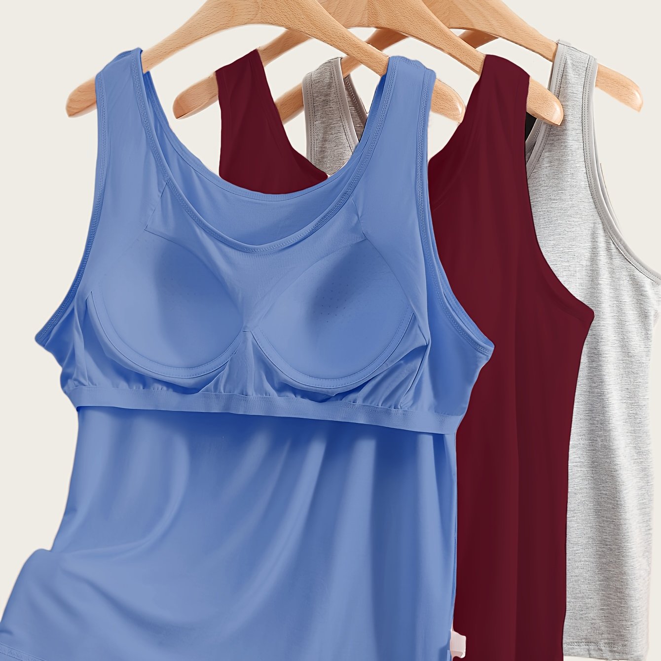 Women's Plus Size Soft Stretch Tank Tops with Built-In Bras Solid Color Pack of 3