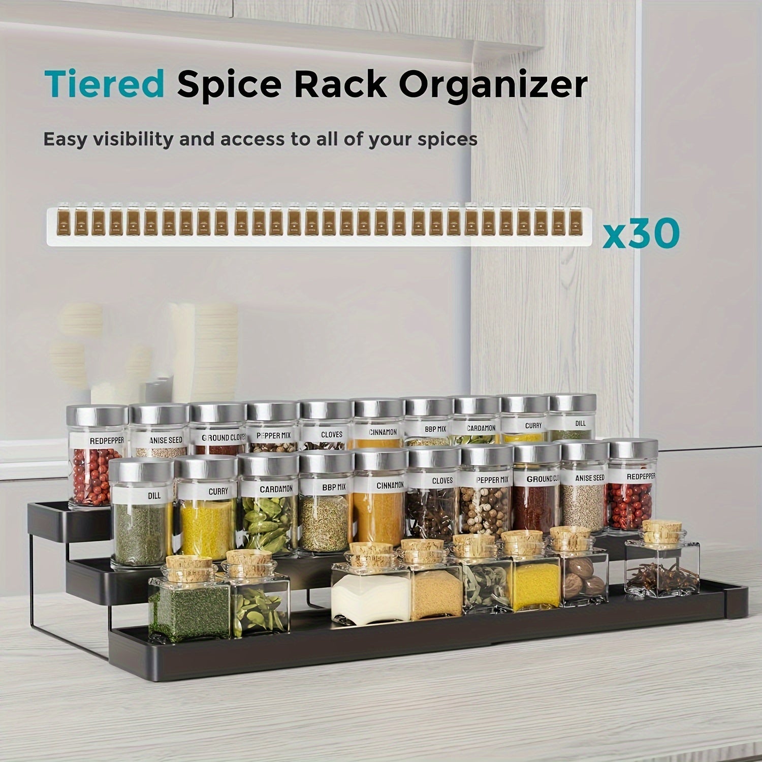 Expandable Spice Storage Organizer with Adjustable Tiers for Kitchen Cabinets and Pantry