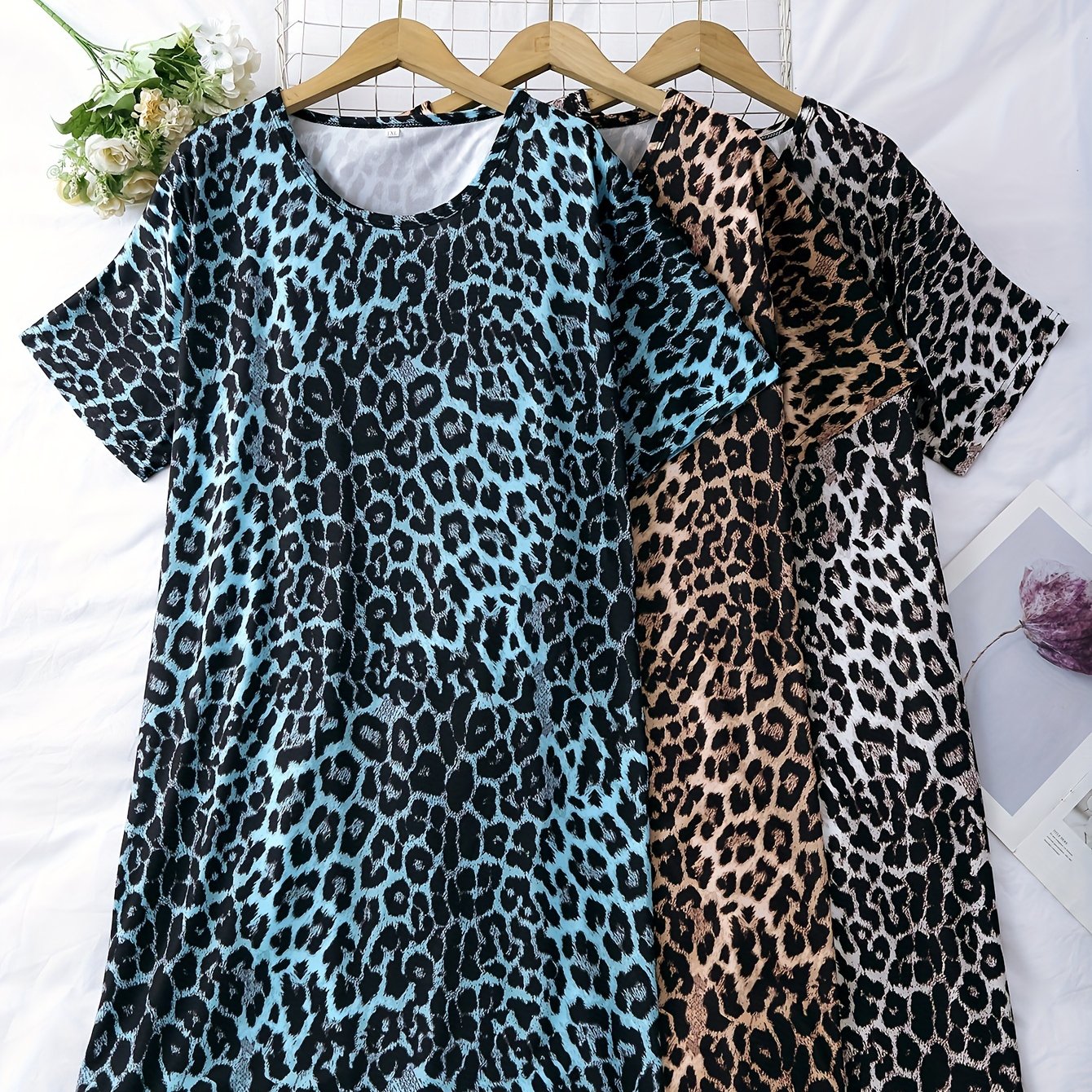 Women Leopard Print Short Sleeve Dresses Polyester Elastane Nightwear