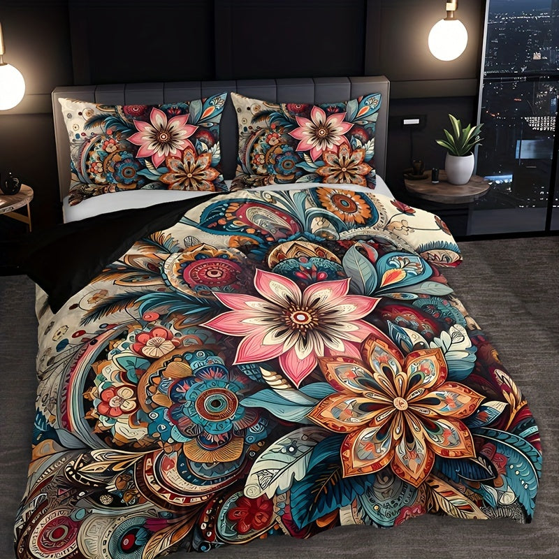 Conjunto de ropa de cama bohemia con mandala floral, 3 piezas, funda nórdica y fundas de almohada