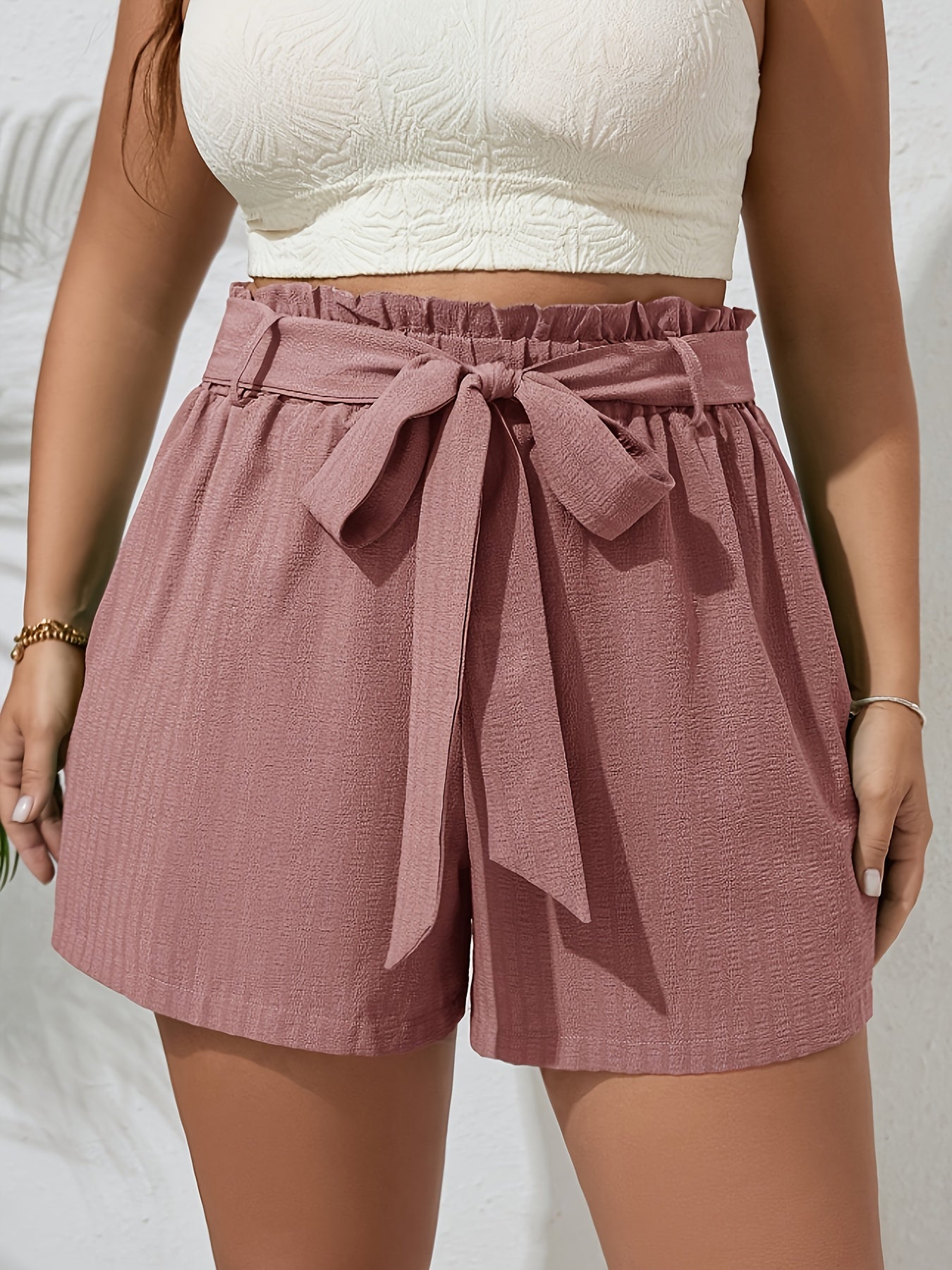 Pantalones cortos casuales de talla grande para mujer con cintura alta y cordón ajustable